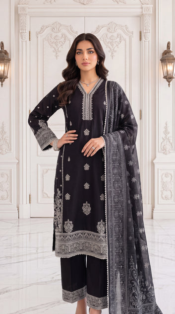 Women's Black Embroidered Suit PL01095 | Silver Border Work & Printed Dupatta | 3 Piece | Cambric BLACK / SML