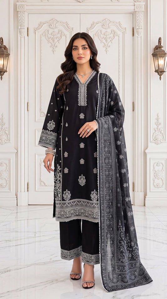 Women's Black Embroidered Suit PL01095 | Silver Border Work & Printed Dupatta | 3 Piece | Cambric BLACK / SML