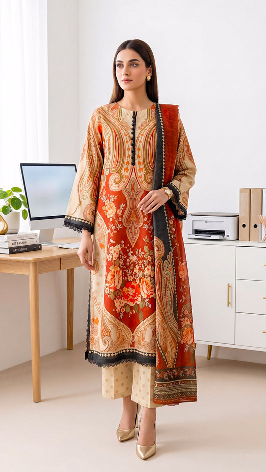 Women's Lawn Suit PL01096 Red Cream Paisley Printed Dupatta 3 Piece MEHROON / SML