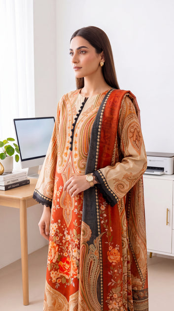 Women's Lawn Suit PL01096 Red Cream Paisley Printed Dupatta 3 Piece MEHROON / SML