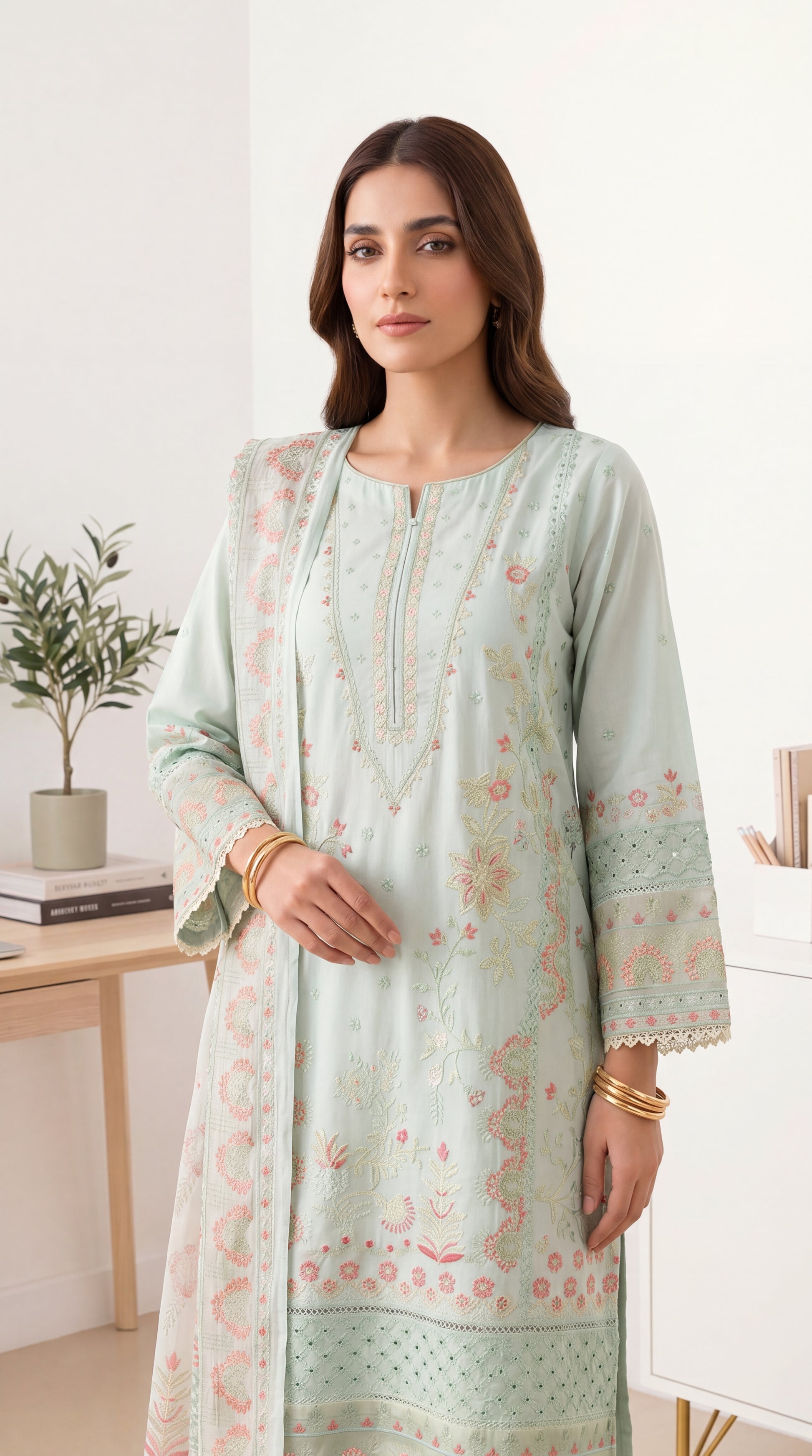 Women's Embroidered Suit PL01097 Mint Floral Lace Dupatta 3 Piece C GREEN / SML