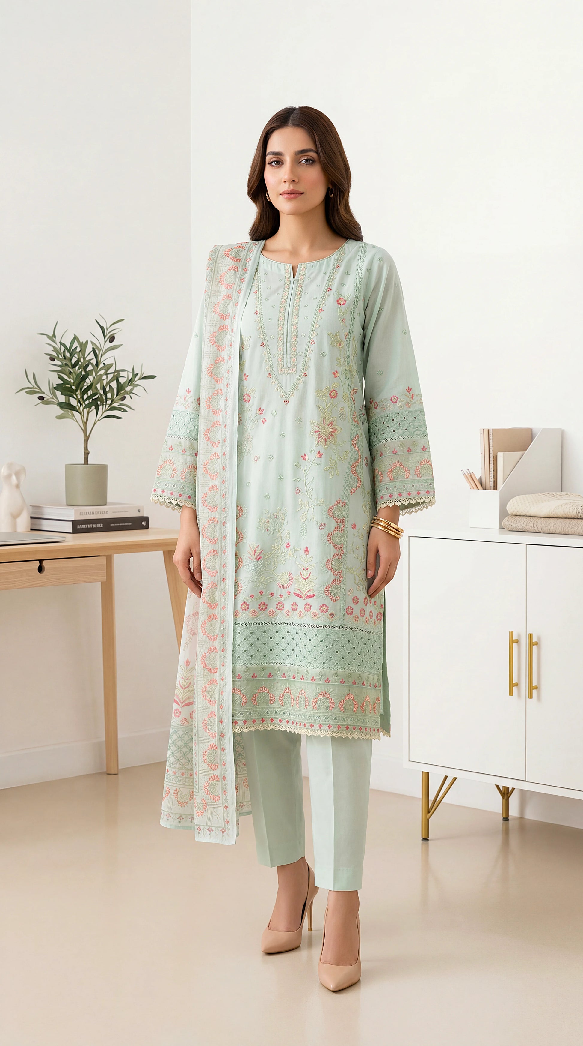 Women's Embroidered Suit PL01097 Mint Floral Lace Dupatta 3 Piece C GREEN / SML