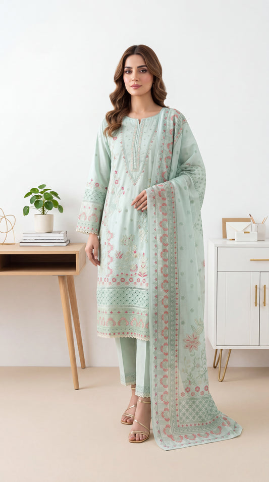Women's Embroidered Suit PL01097 Mint Floral Lace Dupatta 3 Piece C GREEN / SML