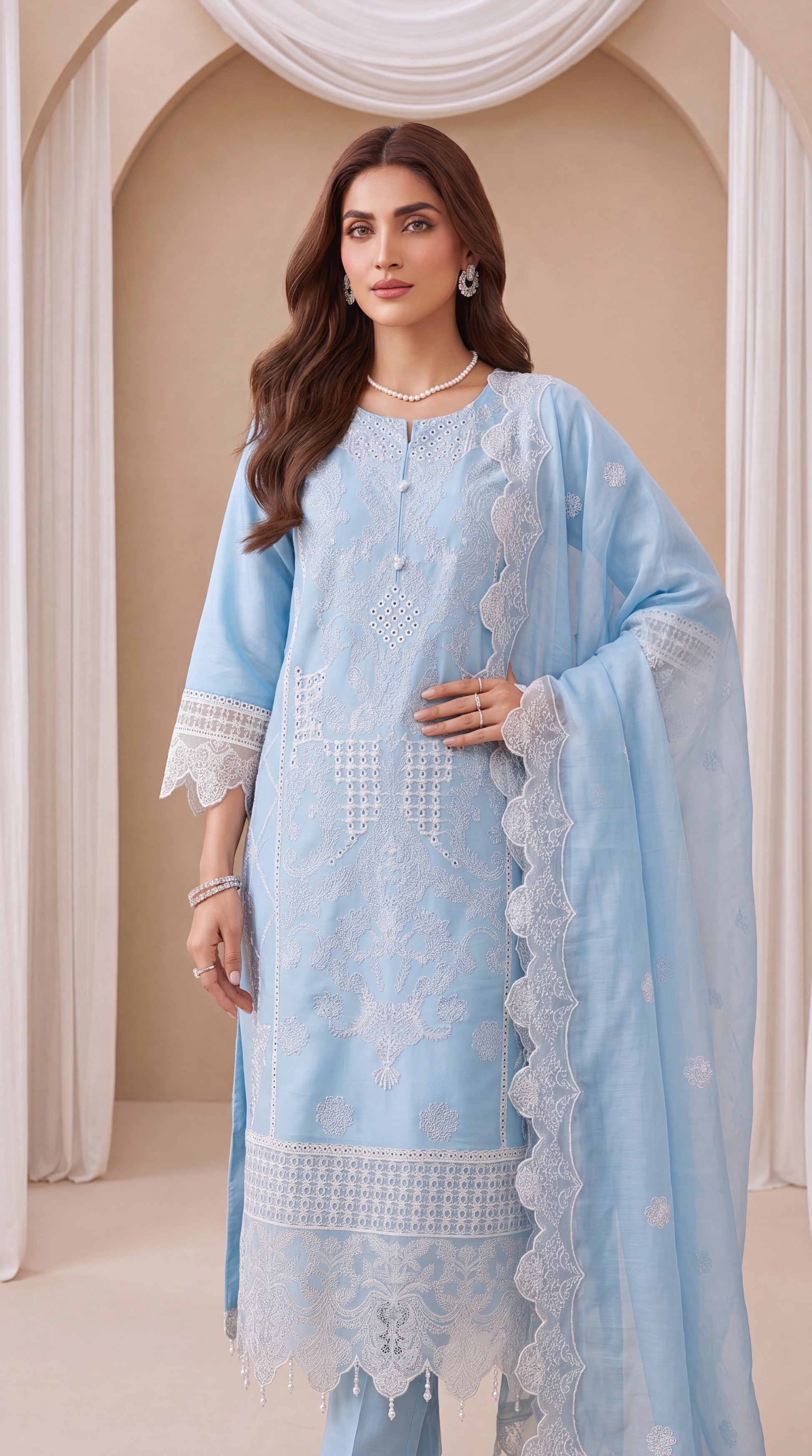 Women's Powder Blue Luxury Suit PL01098 | White Embroidery, Lace Borders & Pearl Detail | 3 Piece | Organza Lawn FEROOZY / SML