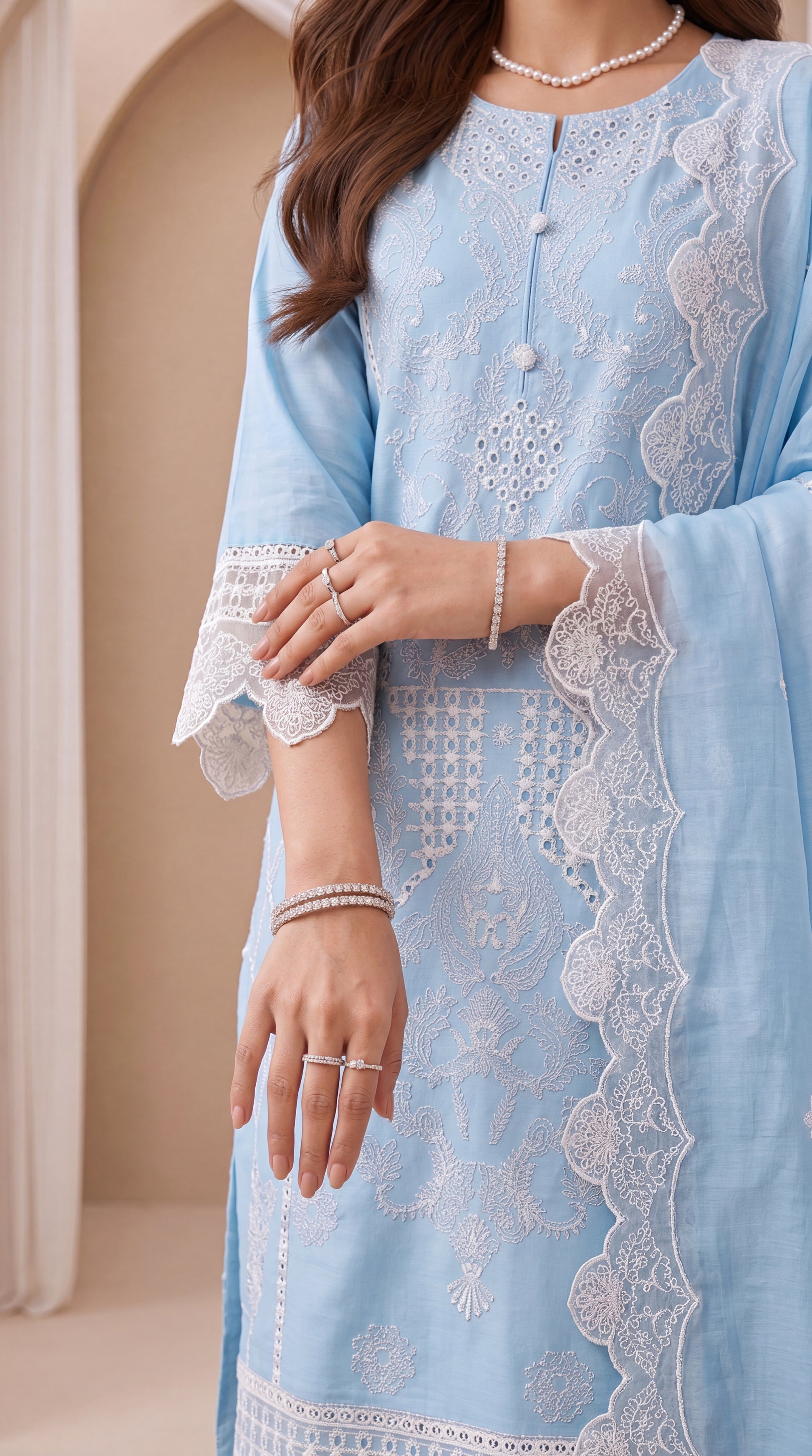 Women's Powder Blue Luxury Suit PL01098 | White Embroidery, Lace Borders & Pearl Detail | 3 Piece | Organza Lawn FEROOZY / SML