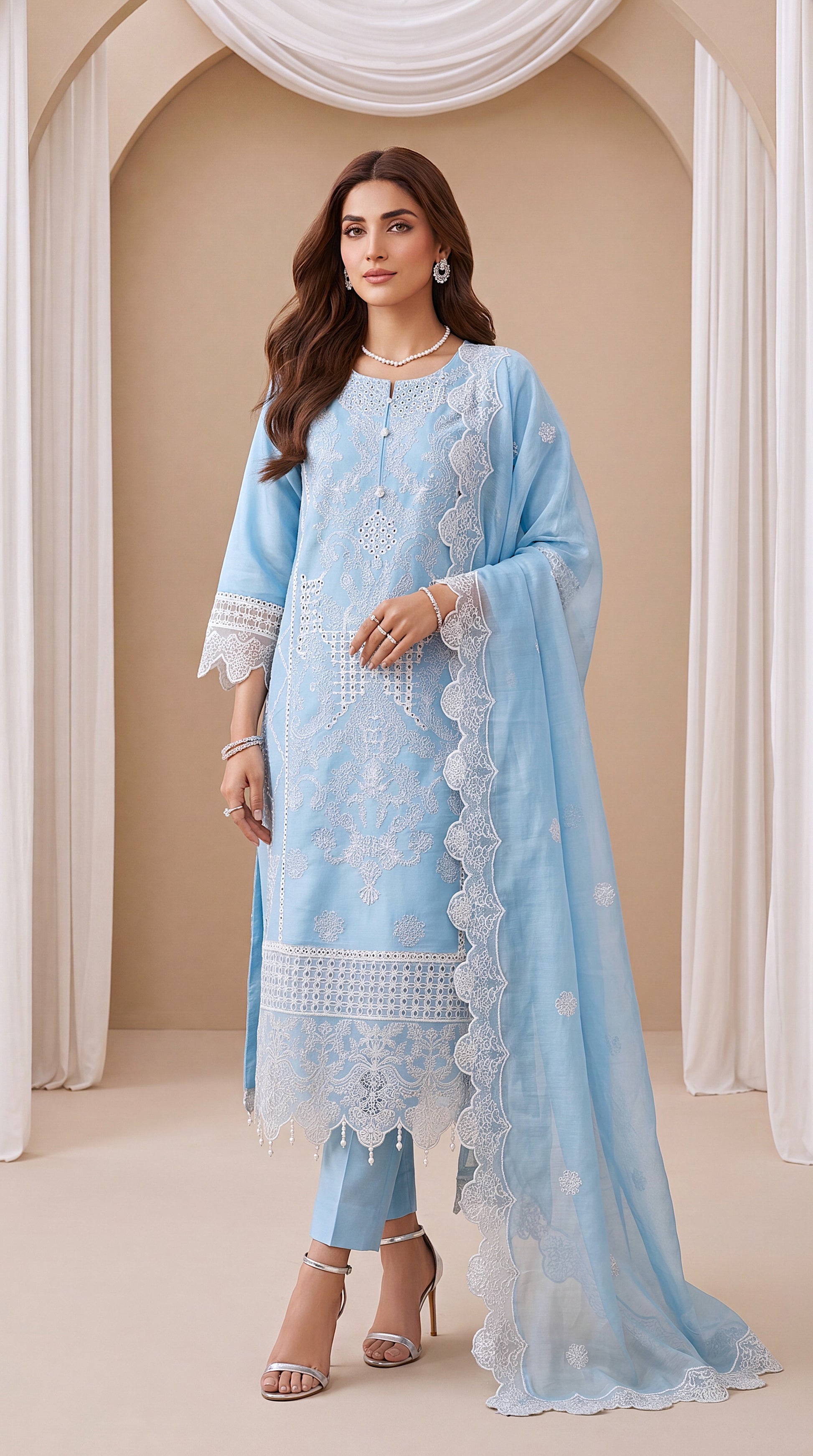 Women's Powder Blue Luxury Suit PL01098 | White Embroidery, Lace Borders & Pearl Detail | 3 Piece | Organza Lawn FEROOZY / SML