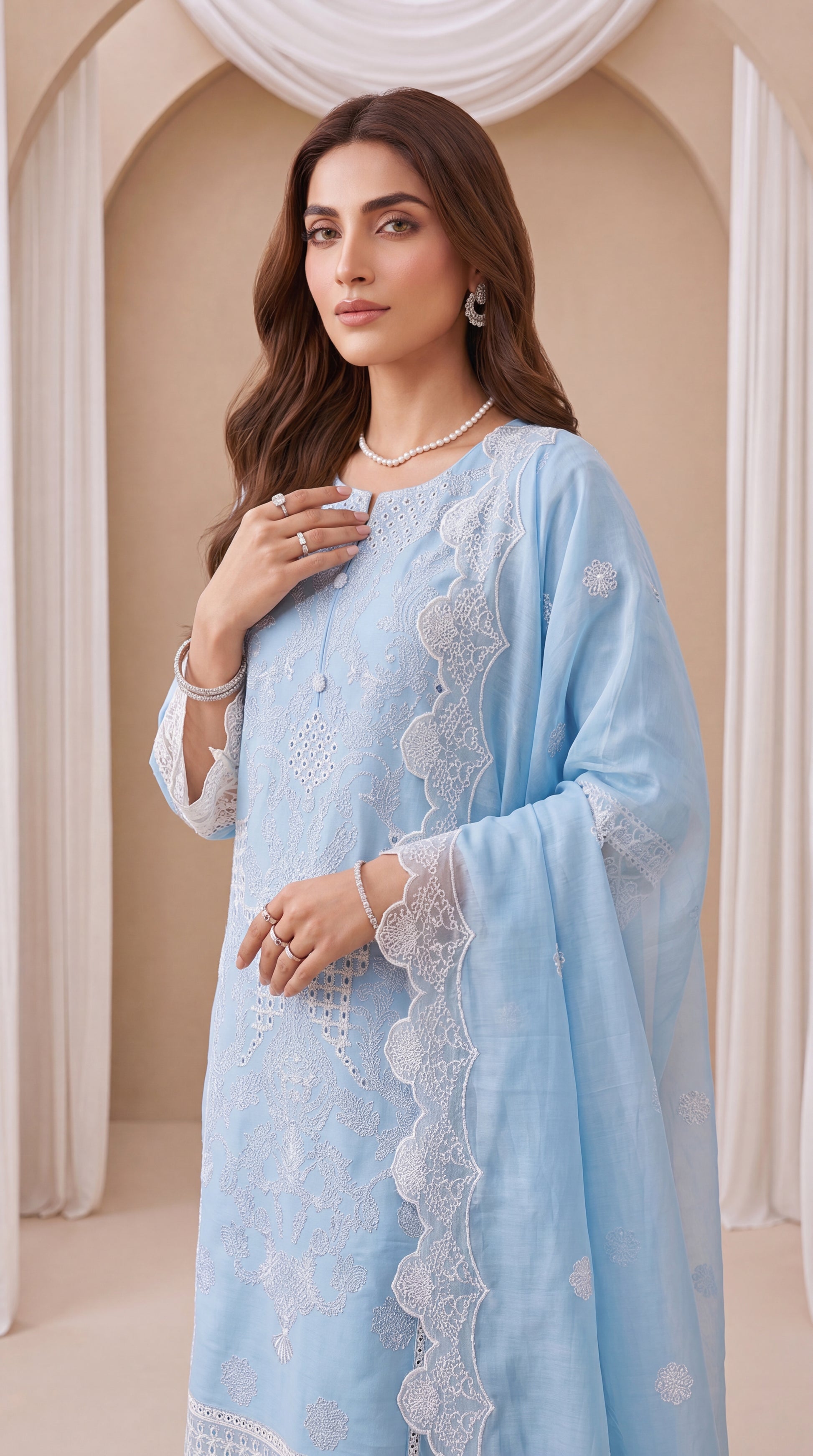 Women's Powder Blue Luxury Suit PL01098 | White Embroidery, Lace Borders & Pearl Detail | 3 Piece | Organza Lawn FEROOZY / SML