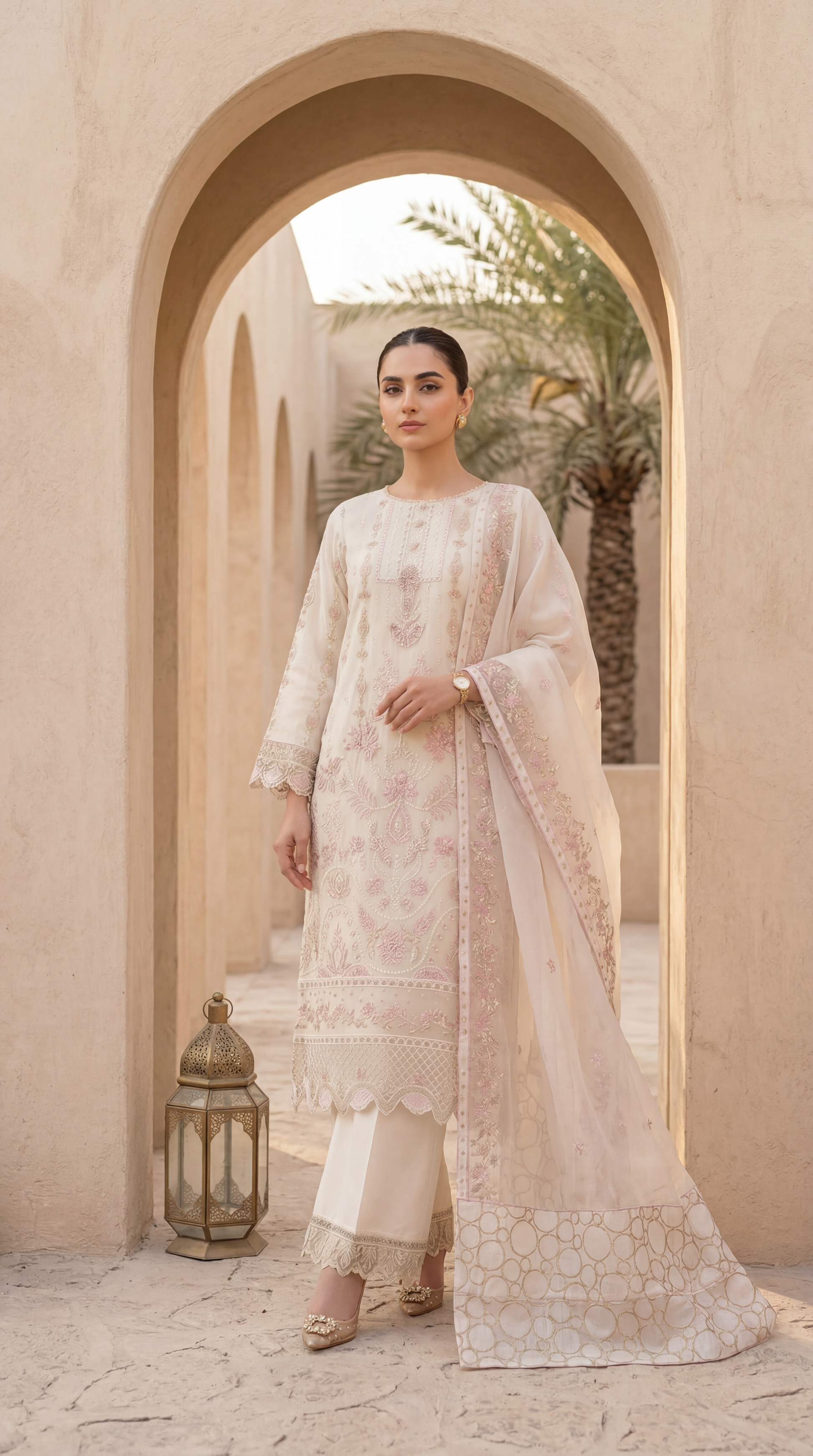 Ladies Organza Embroidered Suit PL01123 Luxury Embroidery 3 Pc WHITE / SML