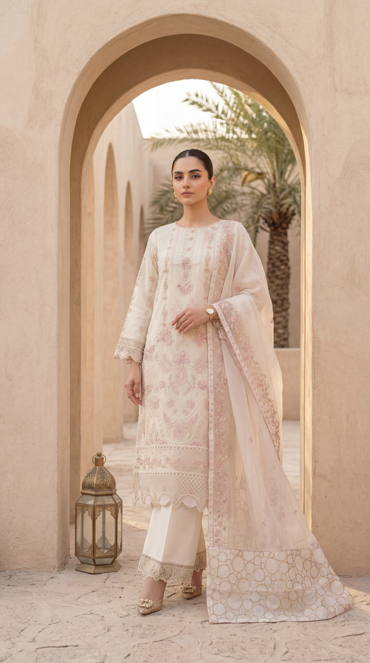Ladies Organza Embroidered Suit PL01123 Luxury Embroidery 3 Pc WHITE / SML