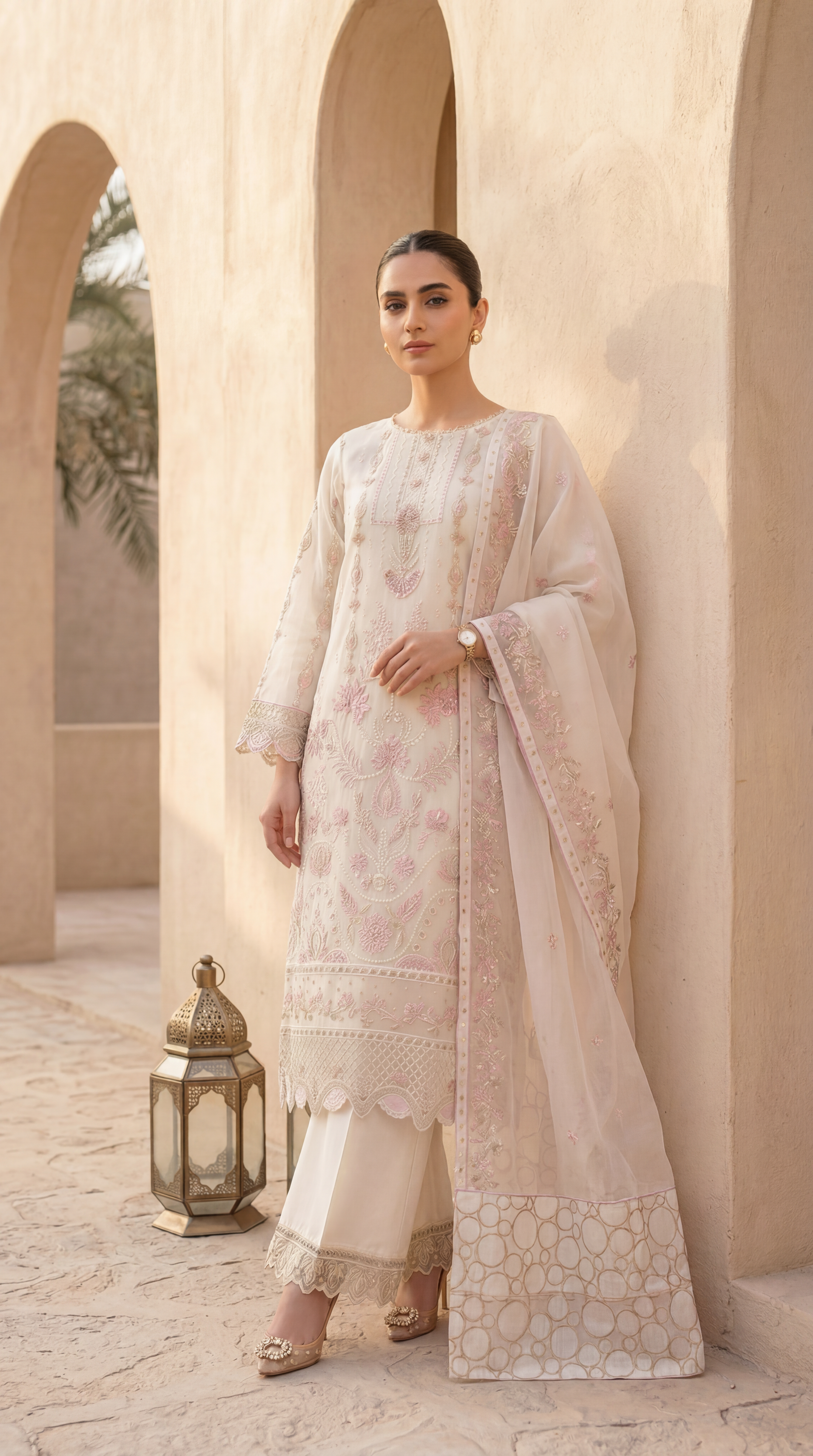 Ladies Organza Embroidered Suit PL01123 Luxury Embroidery 3 Pc WHITE / SML