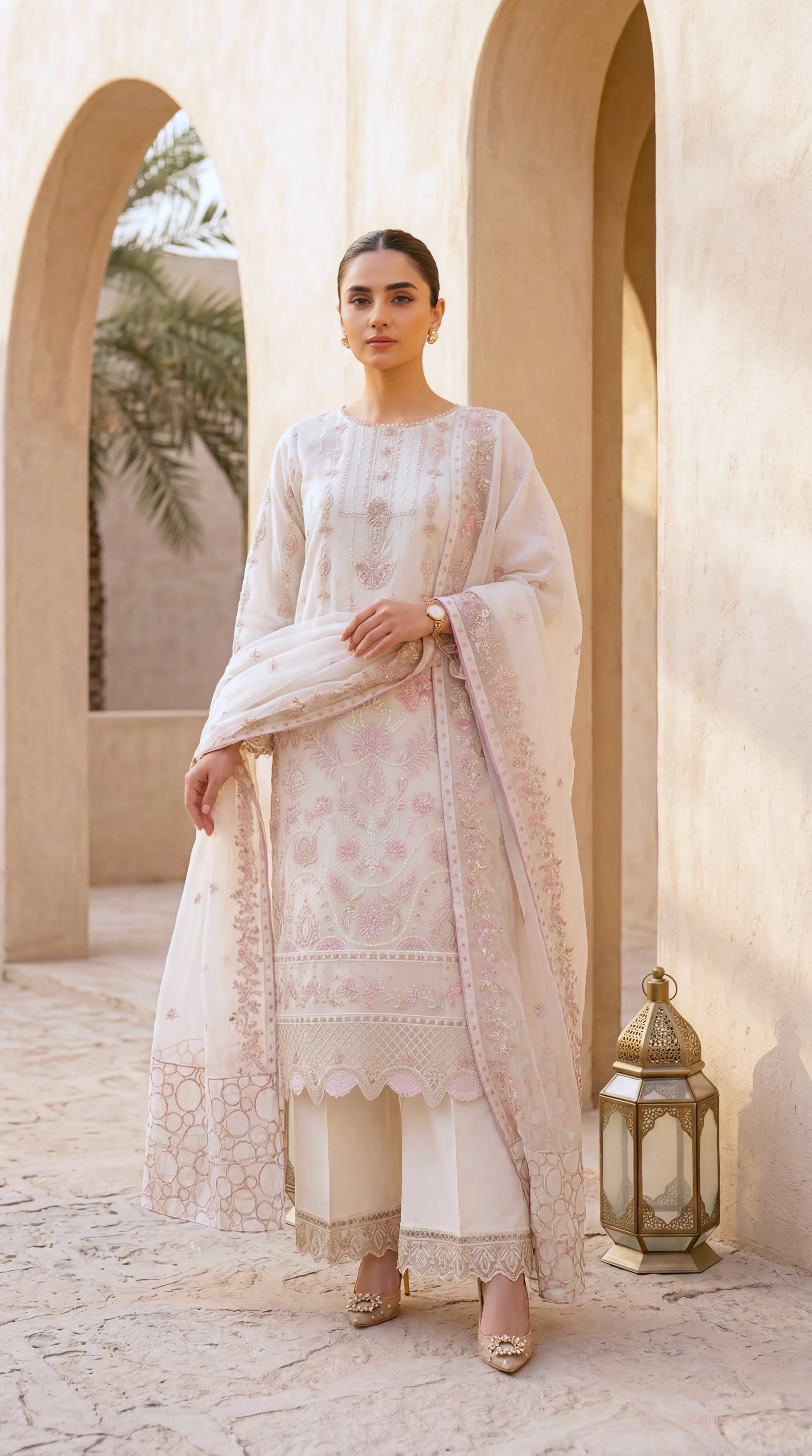Ladies Organza Embroidered Suit PL01123 Luxury Embroidery 3 Pc WHITE / SML