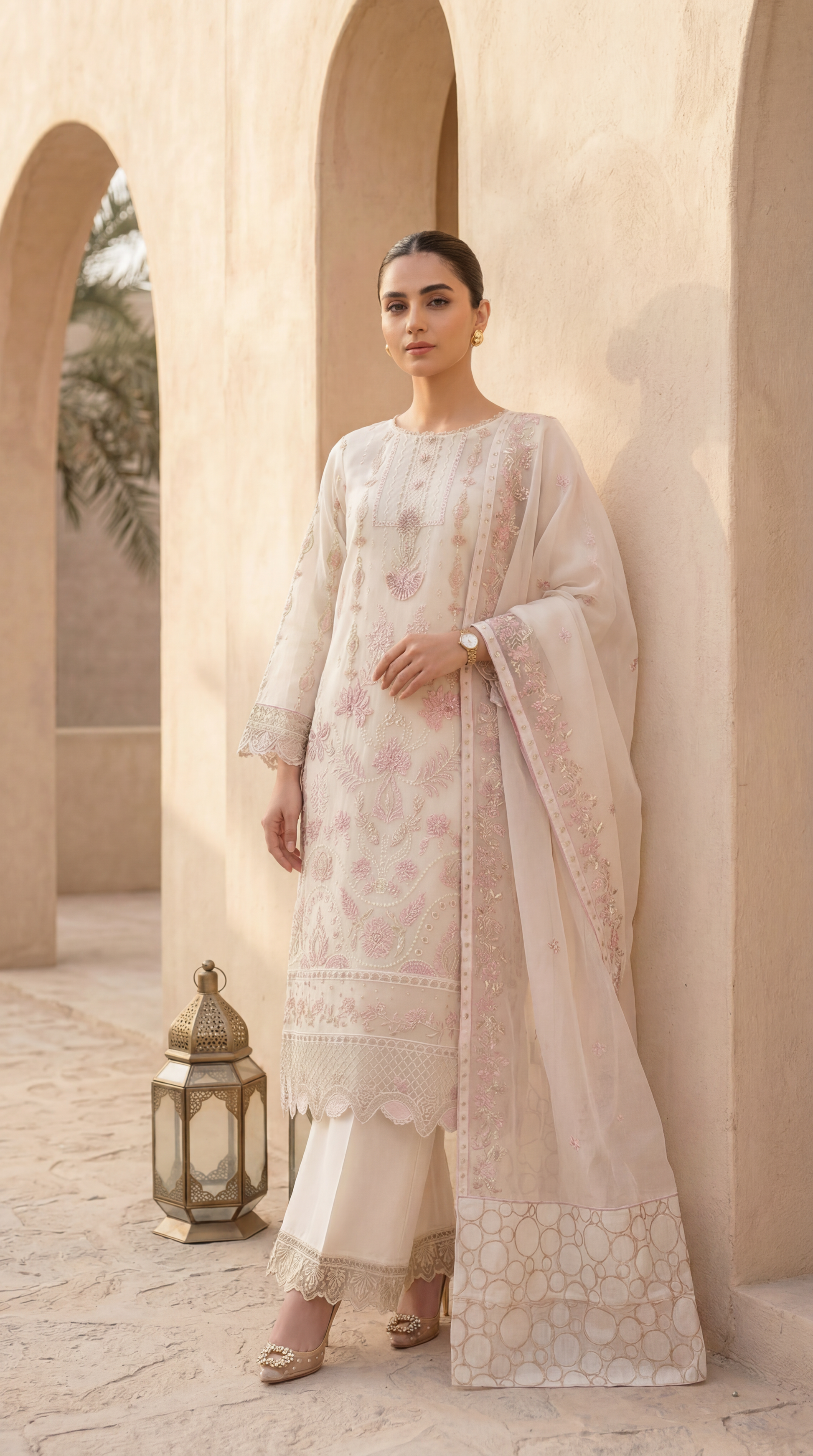 Ladies Organza Embroidered Suit PL01123 Luxury Embroidery 3 Pc WHITE / SML