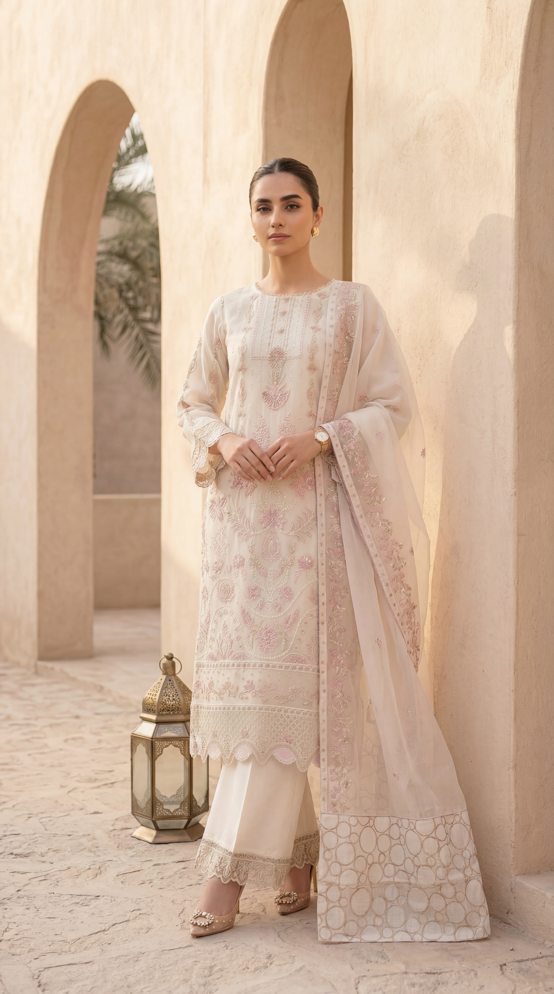 Ladies Organza Embroidered Suit PL01123 Luxury Embroidery 3 Pc WHITE / SML
