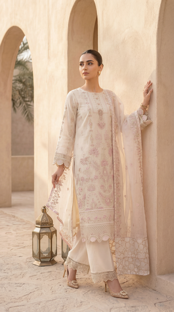 Ladies Organza Embroidered Suit PL01123 Luxury Embroidery 3 Pc WHITE / SML