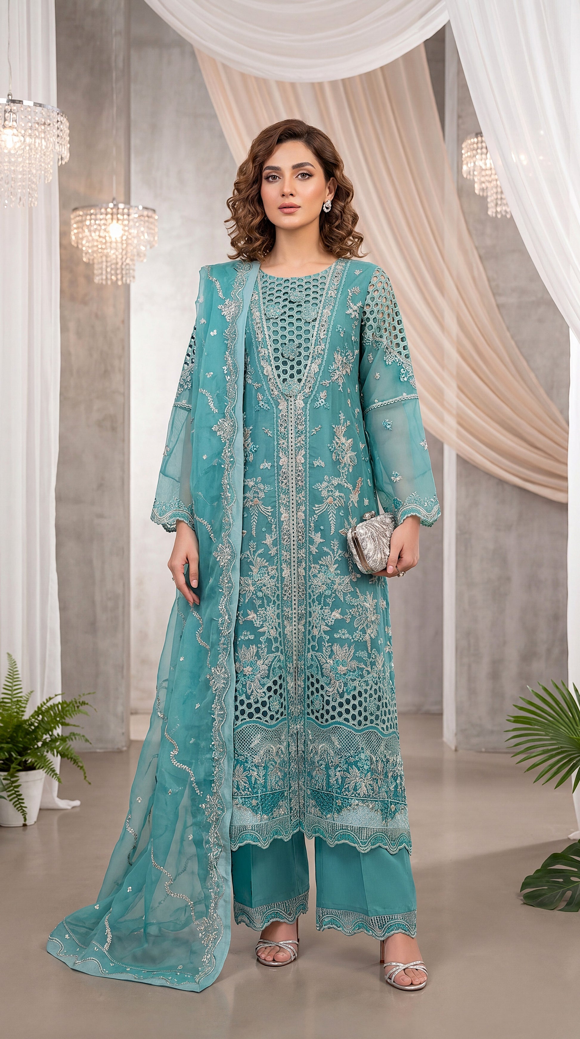 Luxury Formal PL01124 Heavy Embroidered Cutwork Front 3 Piece FEROOZY / SML