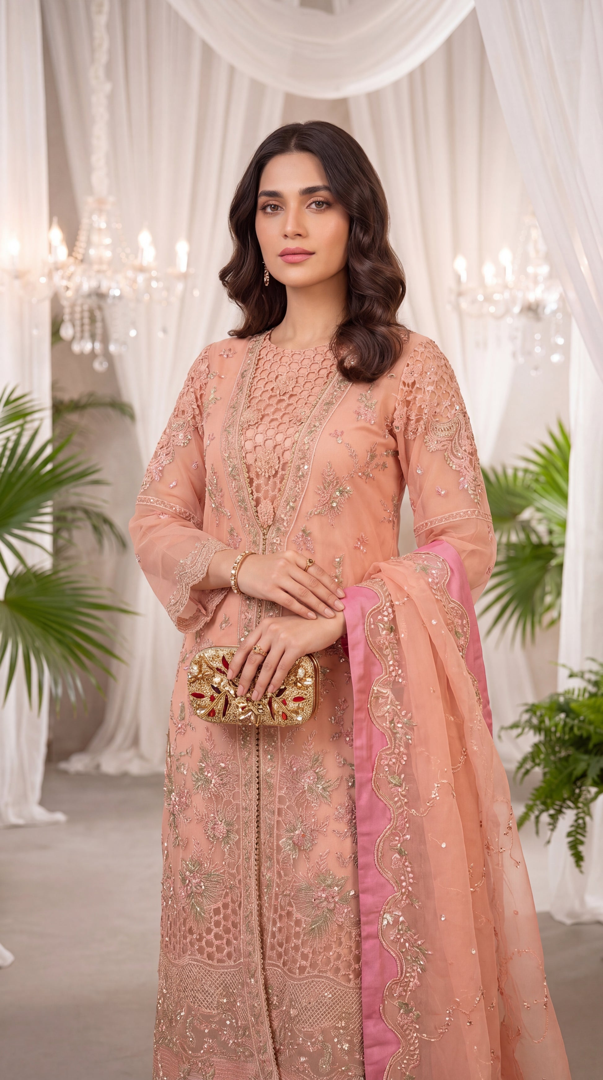 Luxury Formal PL01124 Heavy Embroidered Cutwork Front 3 Piece PINK / SML