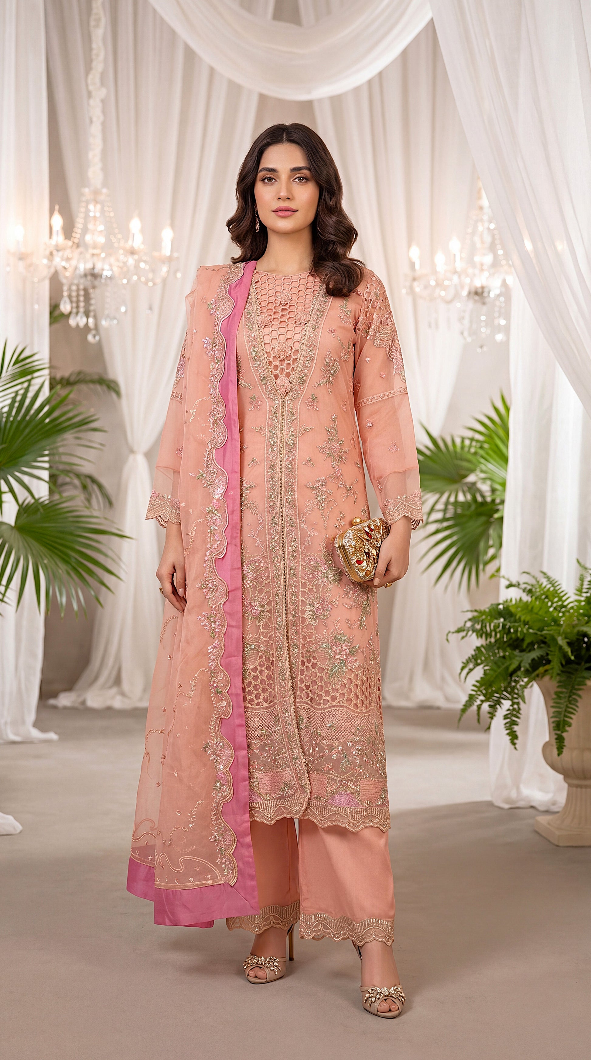 Luxury Formal PL01124 Heavy Embroidered Cutwork Front 3 Piece PINK / SML
