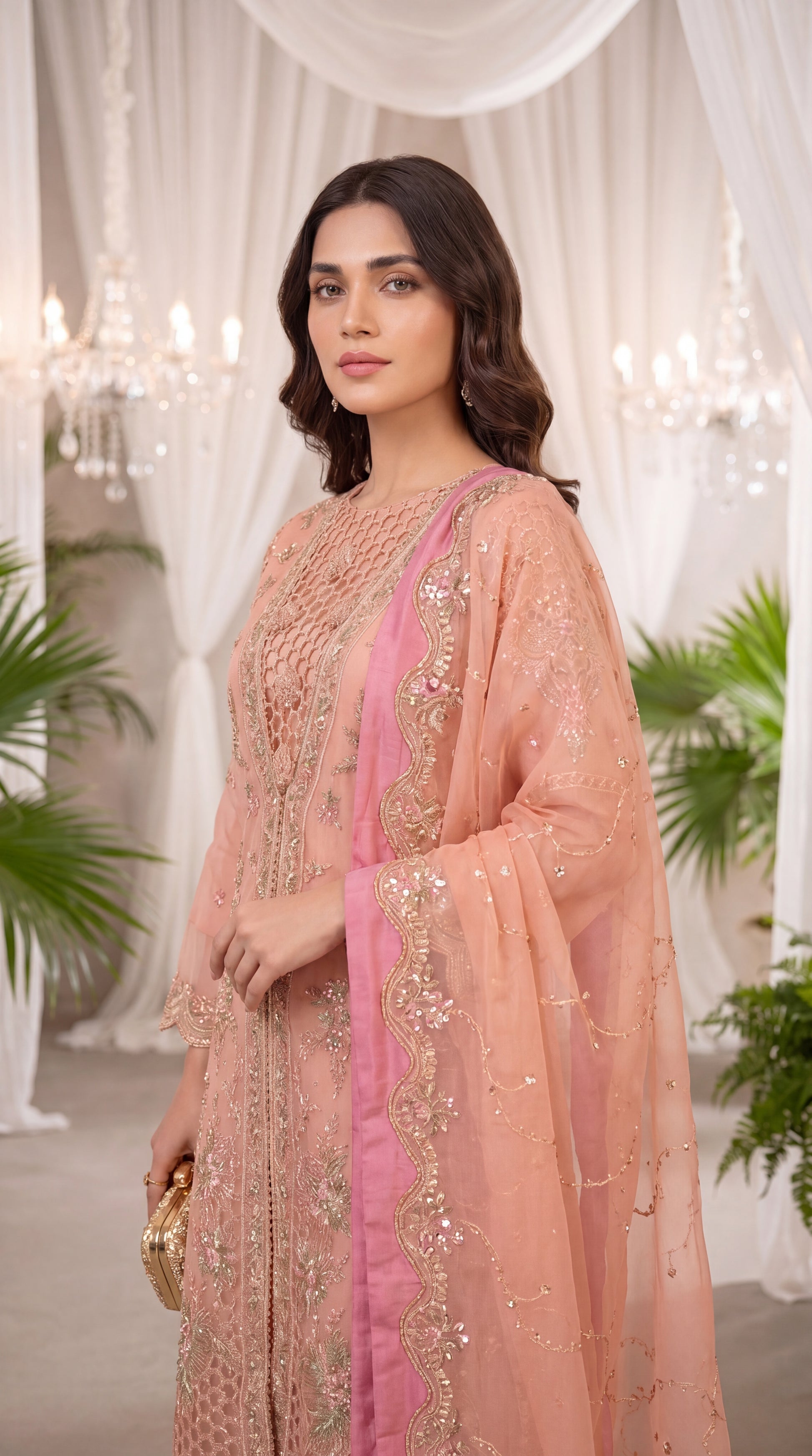 Luxury Formal PL01124 Heavy Embroidered Cutwork Front 3 Piece PINK / SML
