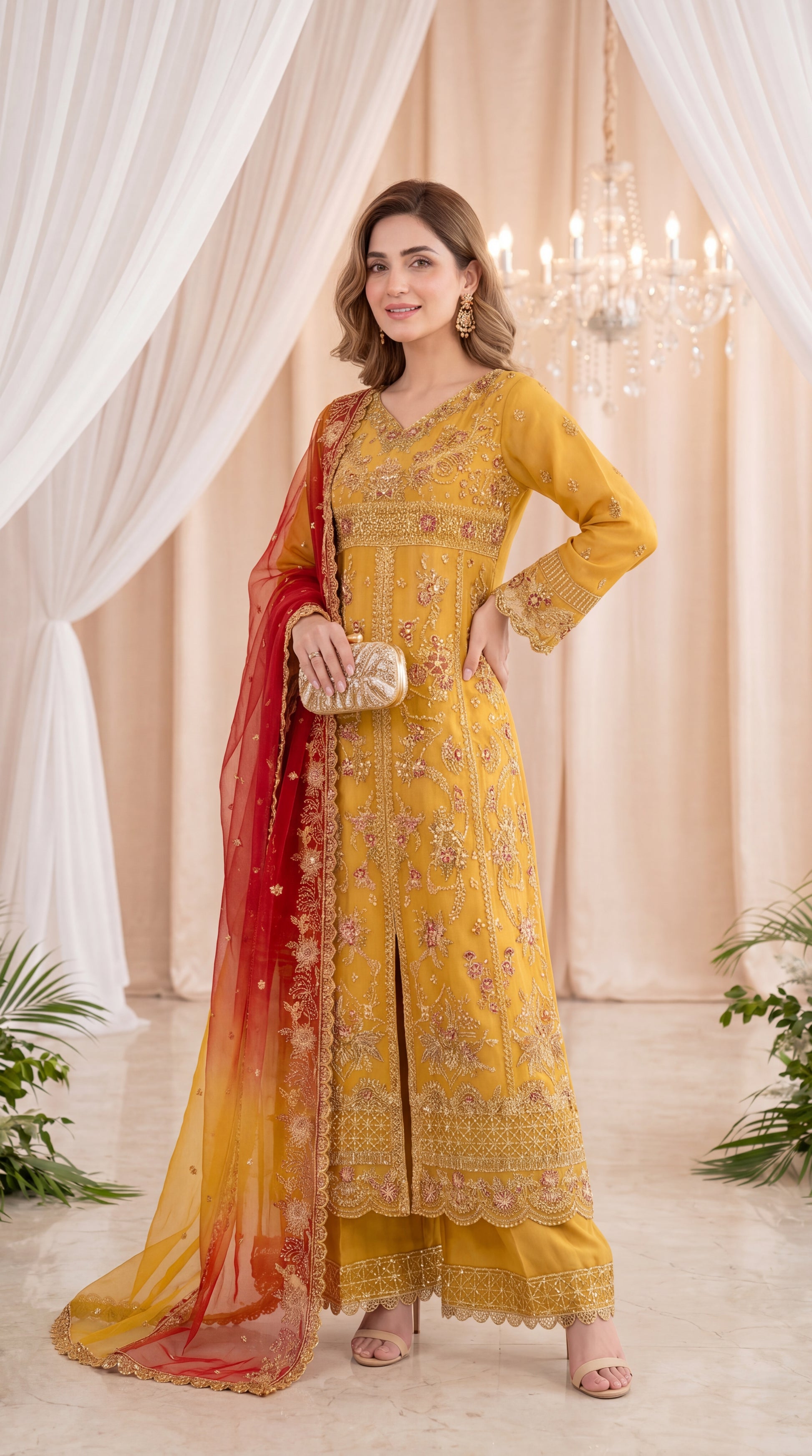 Luxury Pret PL01127 Mustard Embroidered Wide Leg Set 3 Piece MASTERD / SML