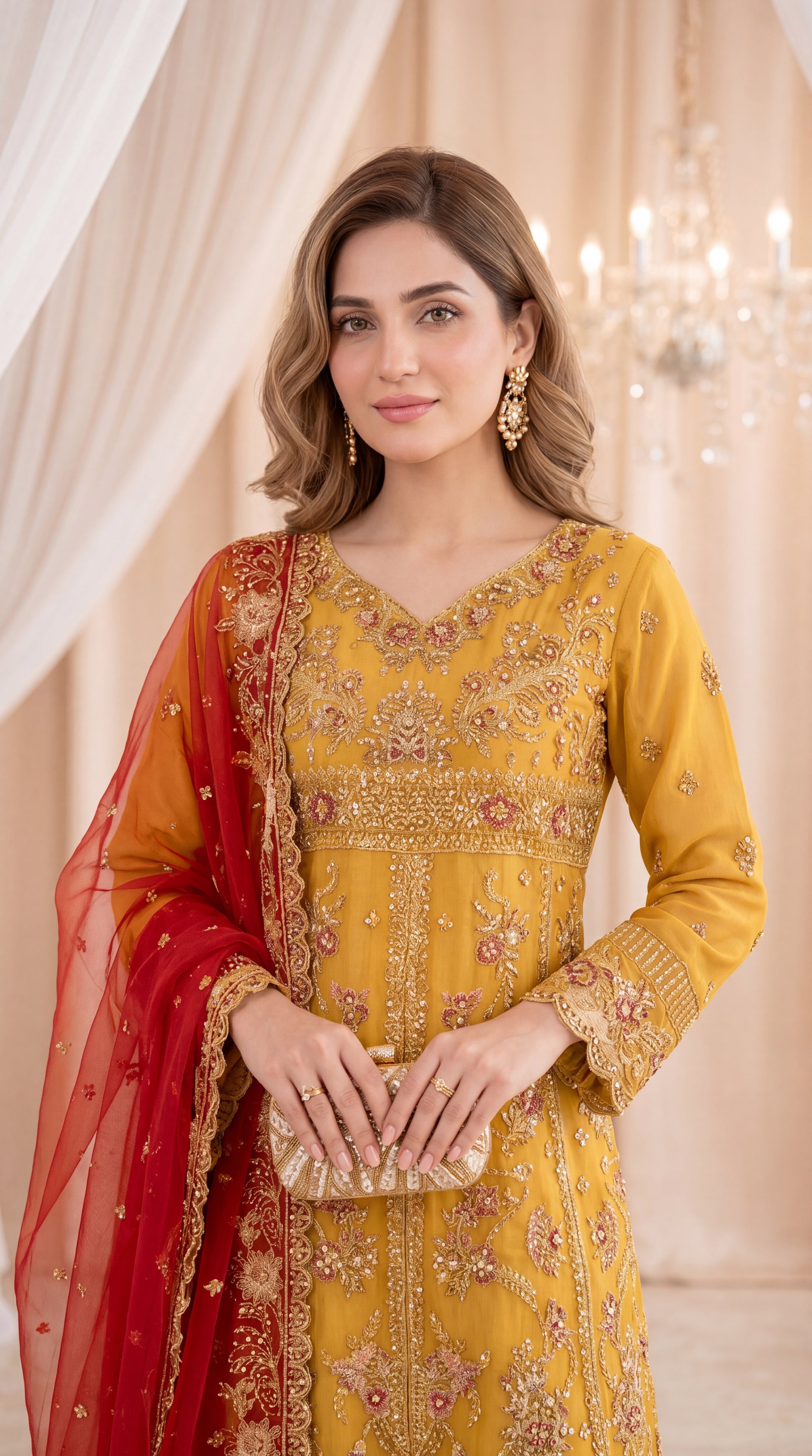 Luxury Pret PL01127 Mustard Embroidered Wide Leg Set 3 Piece MASTERD / SML