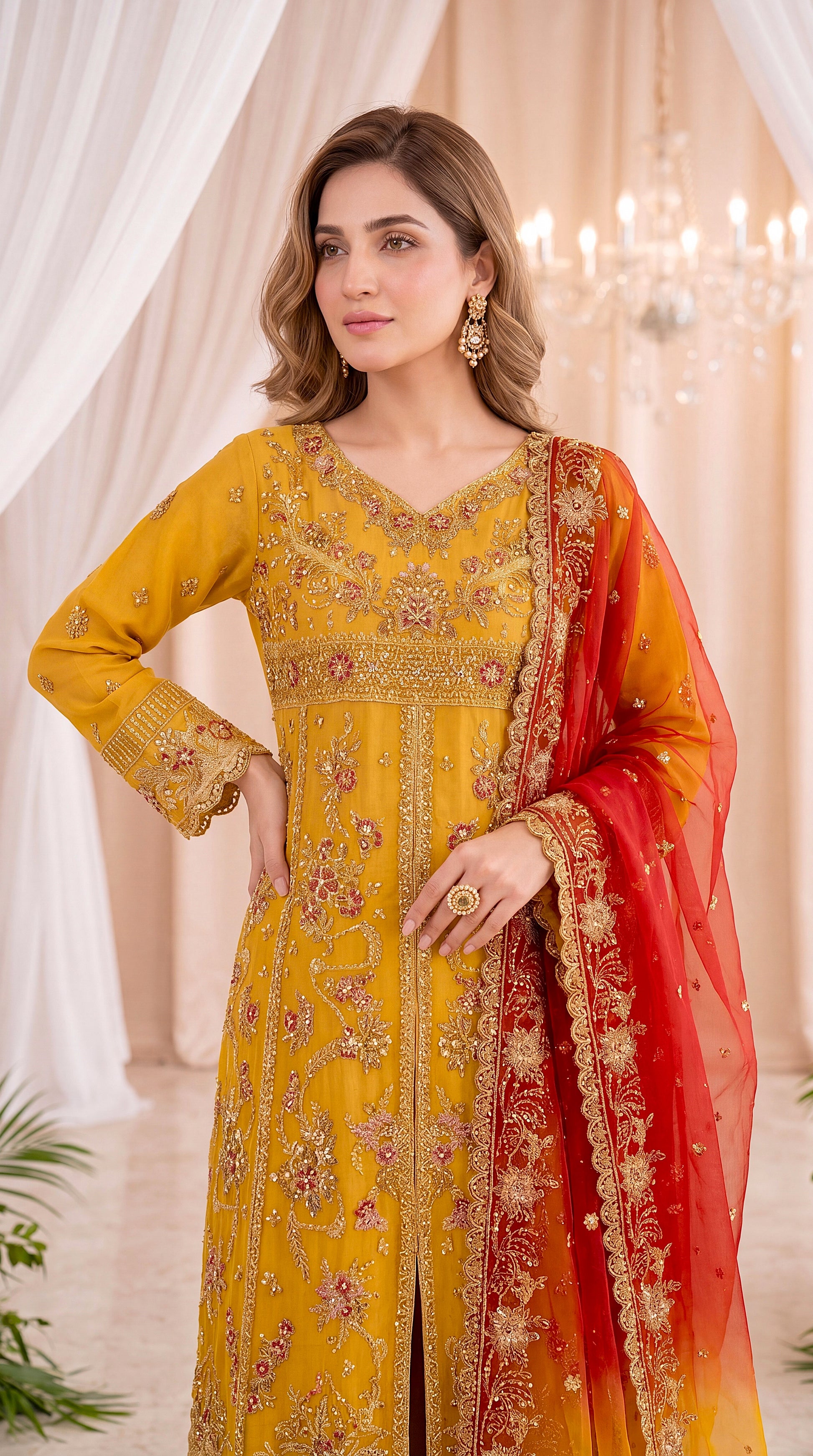 Luxury Pret PL01127 Mustard Embroidered Wide Leg Set 3 Piece MASTERD / SML