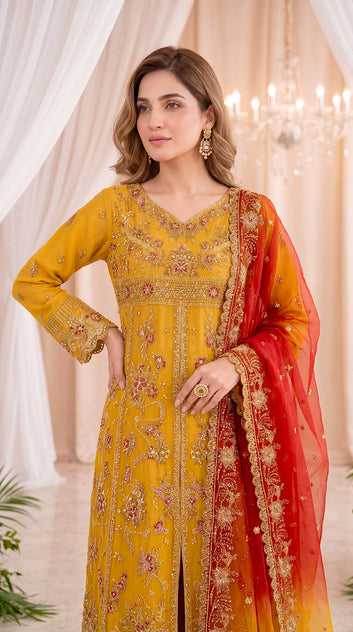 Luxury Pret PL01127 Mustard Embroidered Wide Leg Set 3 Piece MASTERD / SML