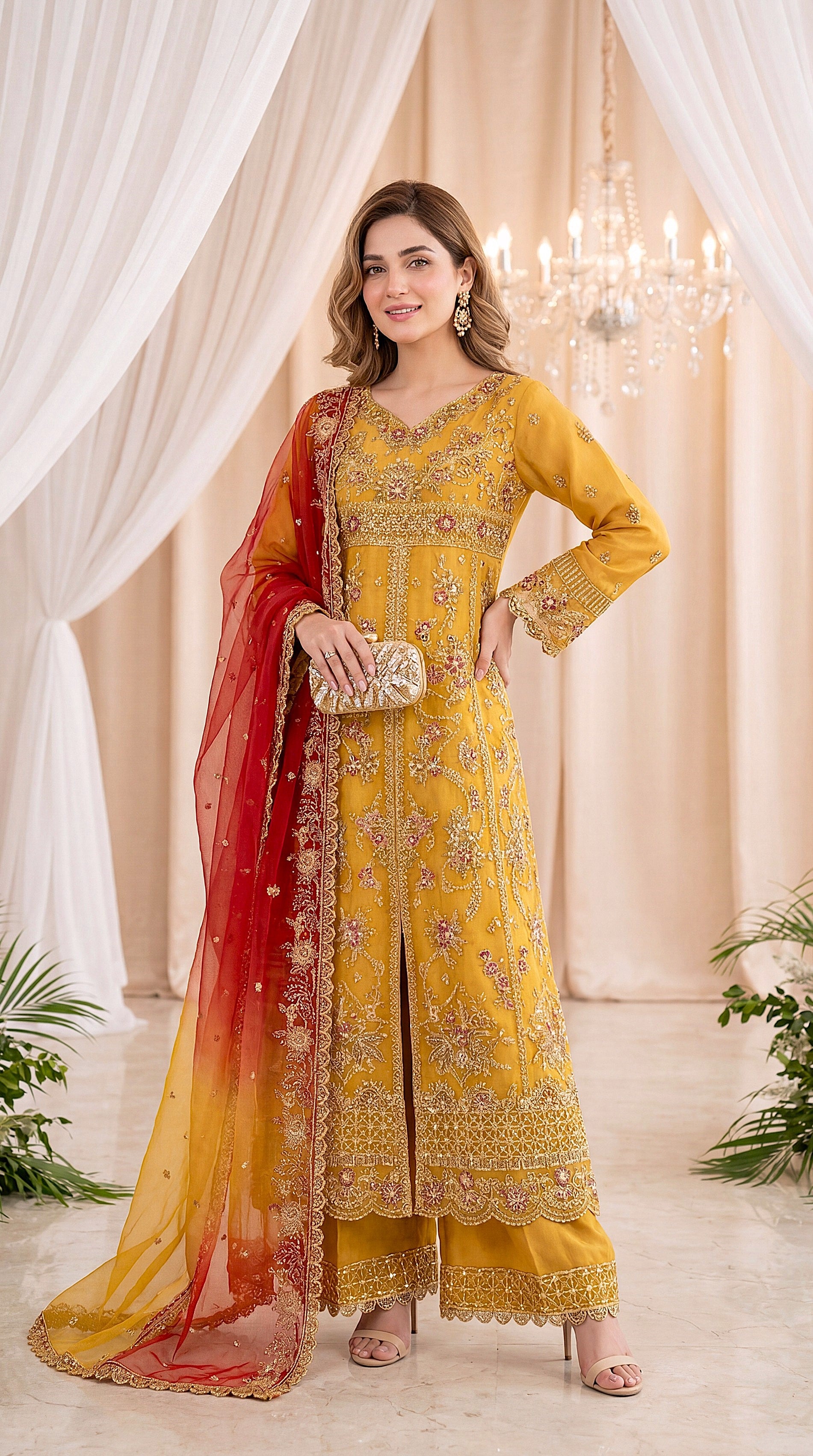 Luxury Pret PL01127 Mustard Embroidered Wide Leg Set 3 Piece MASTERD / SML