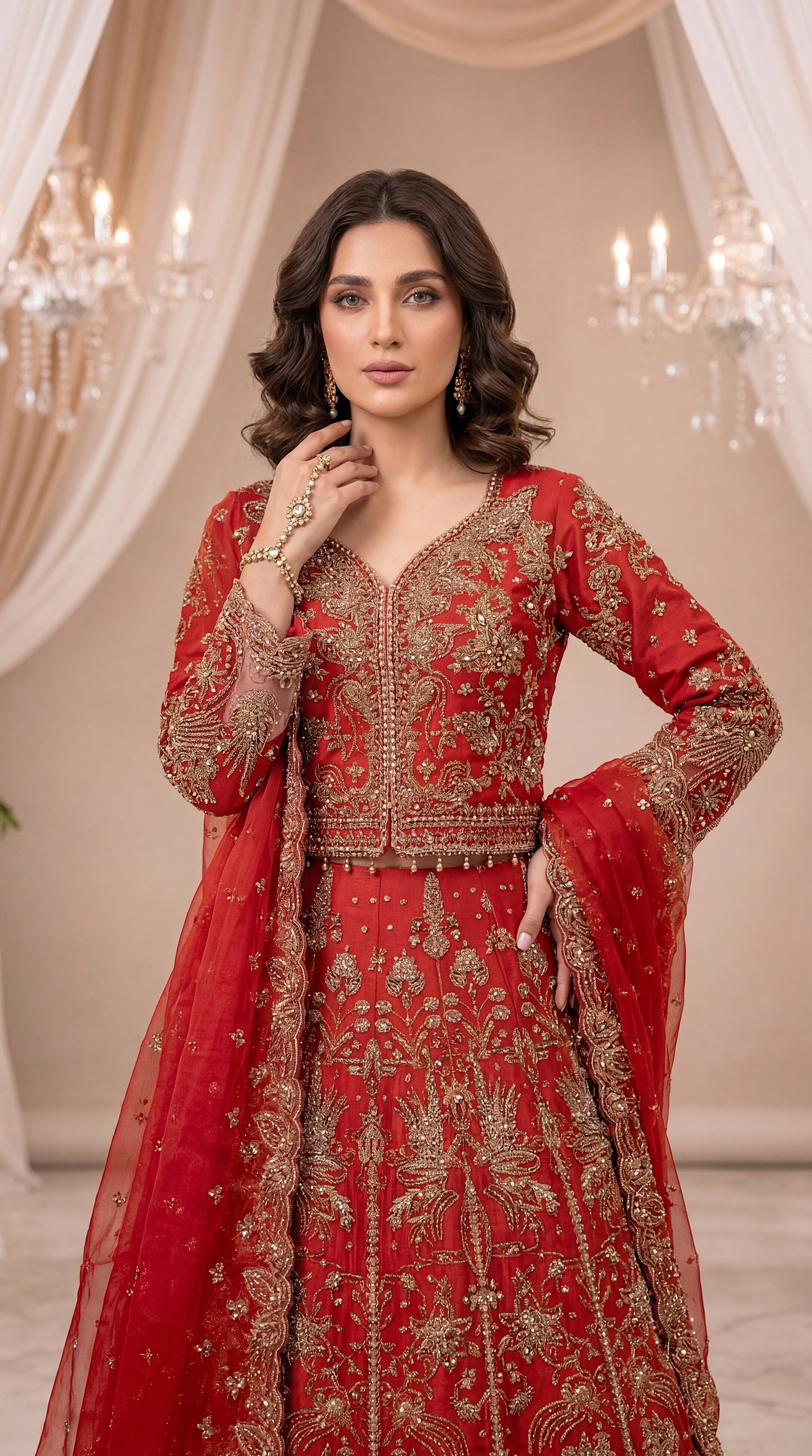 Bridal Formal PL01128 Heavily Embellished Flared Gown 3 Piece RED / SML