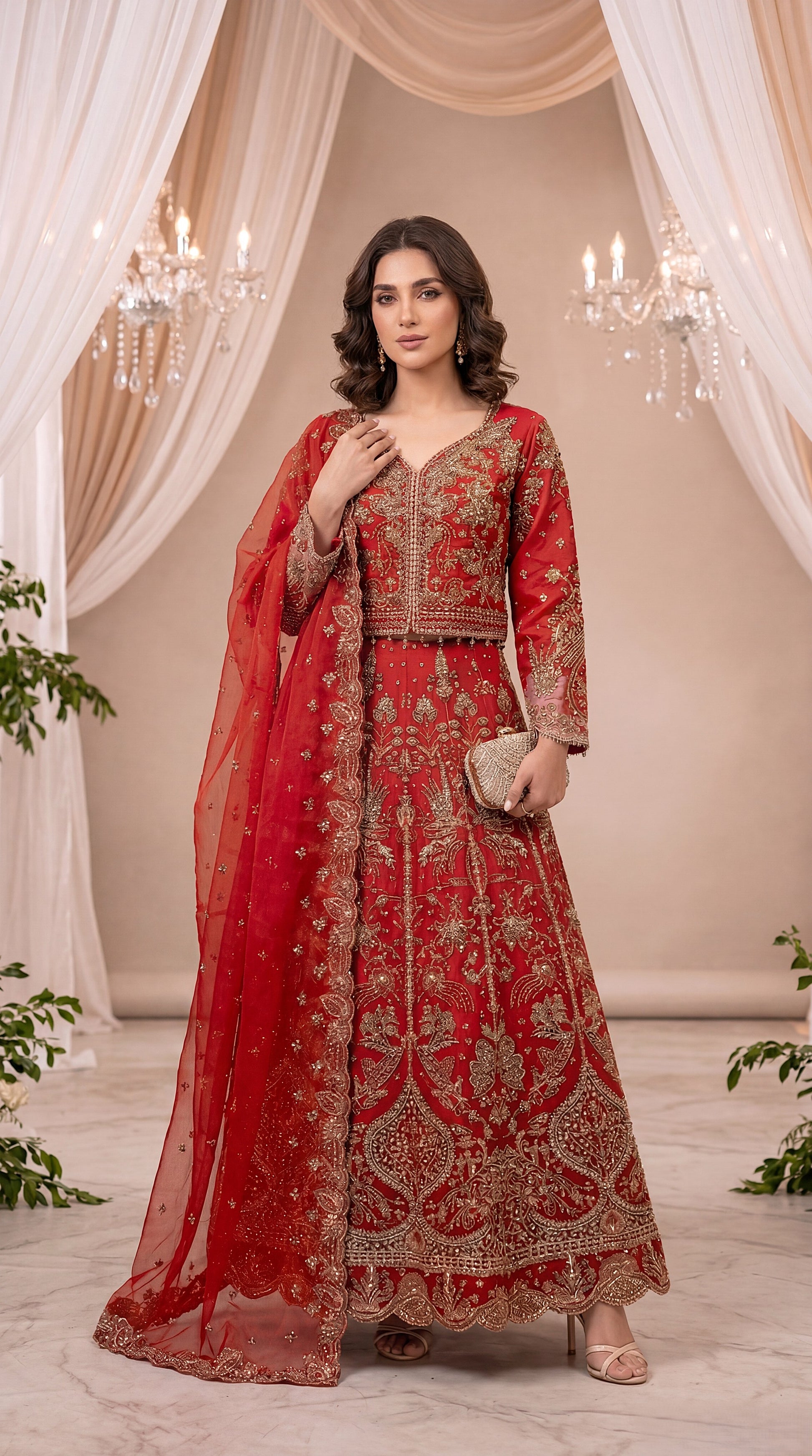 Bridal Formal PL01128 Heavily Embellished Flared Gown 3 Piece RED / SML