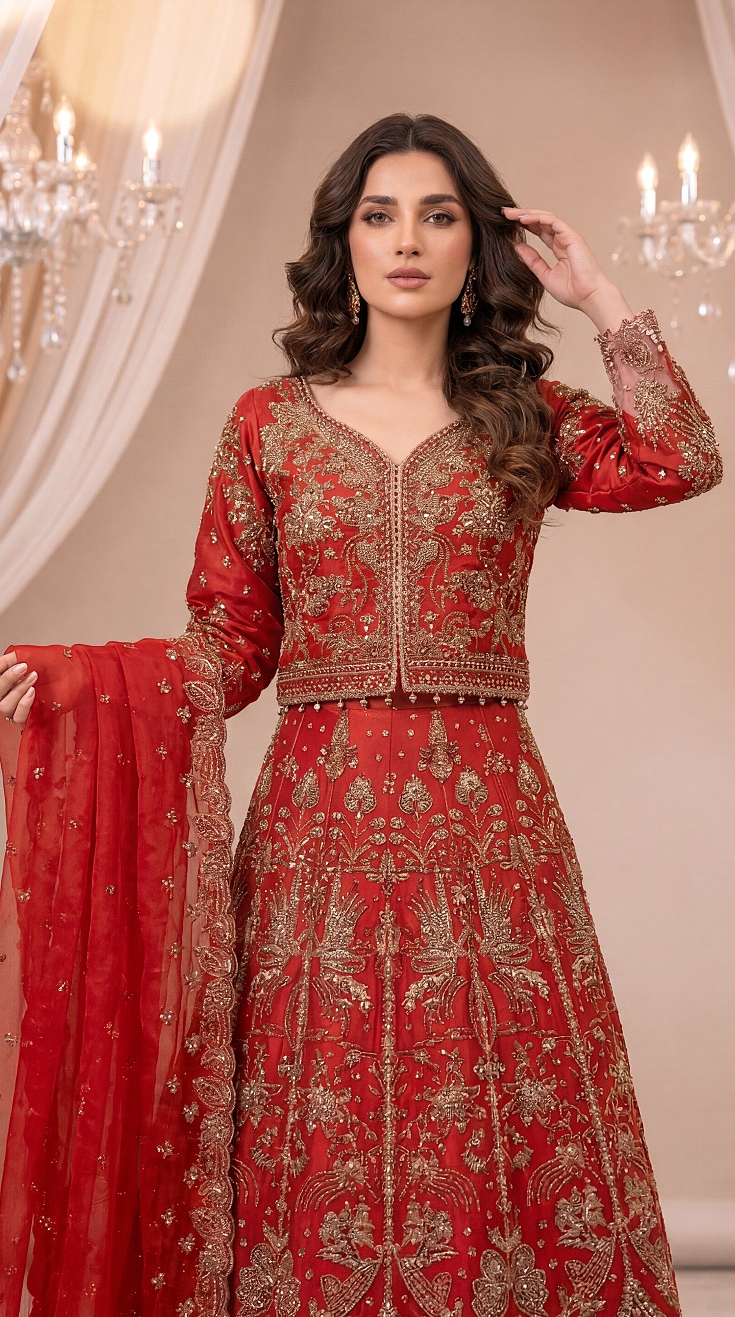 Bridal Formal PL01128 Heavily Embellished Flared Gown 3 Piece RED / SML