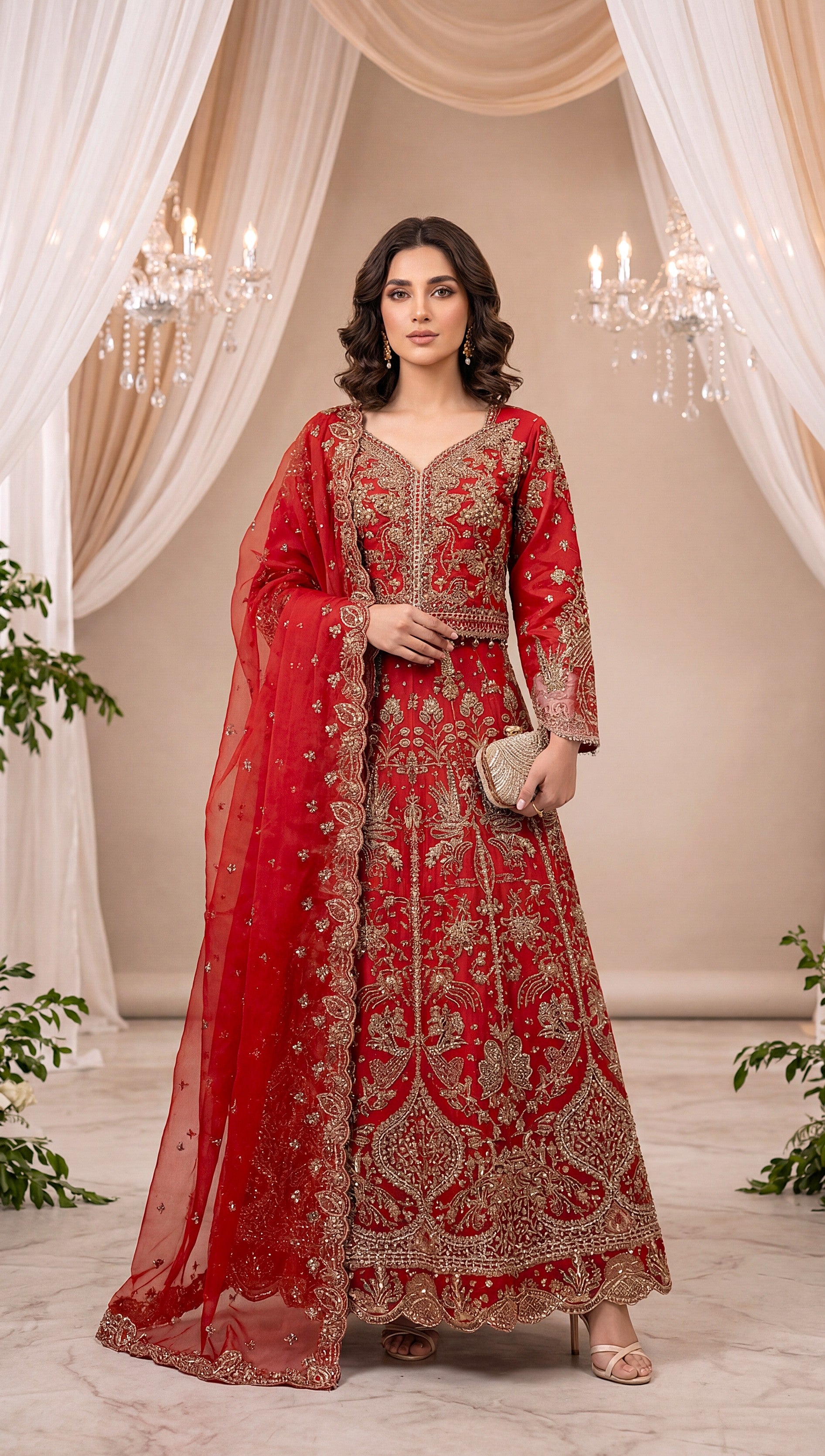 Bridal Formal PL01128 Heavily Embellished Flared Gown 3 Piece RED / SML