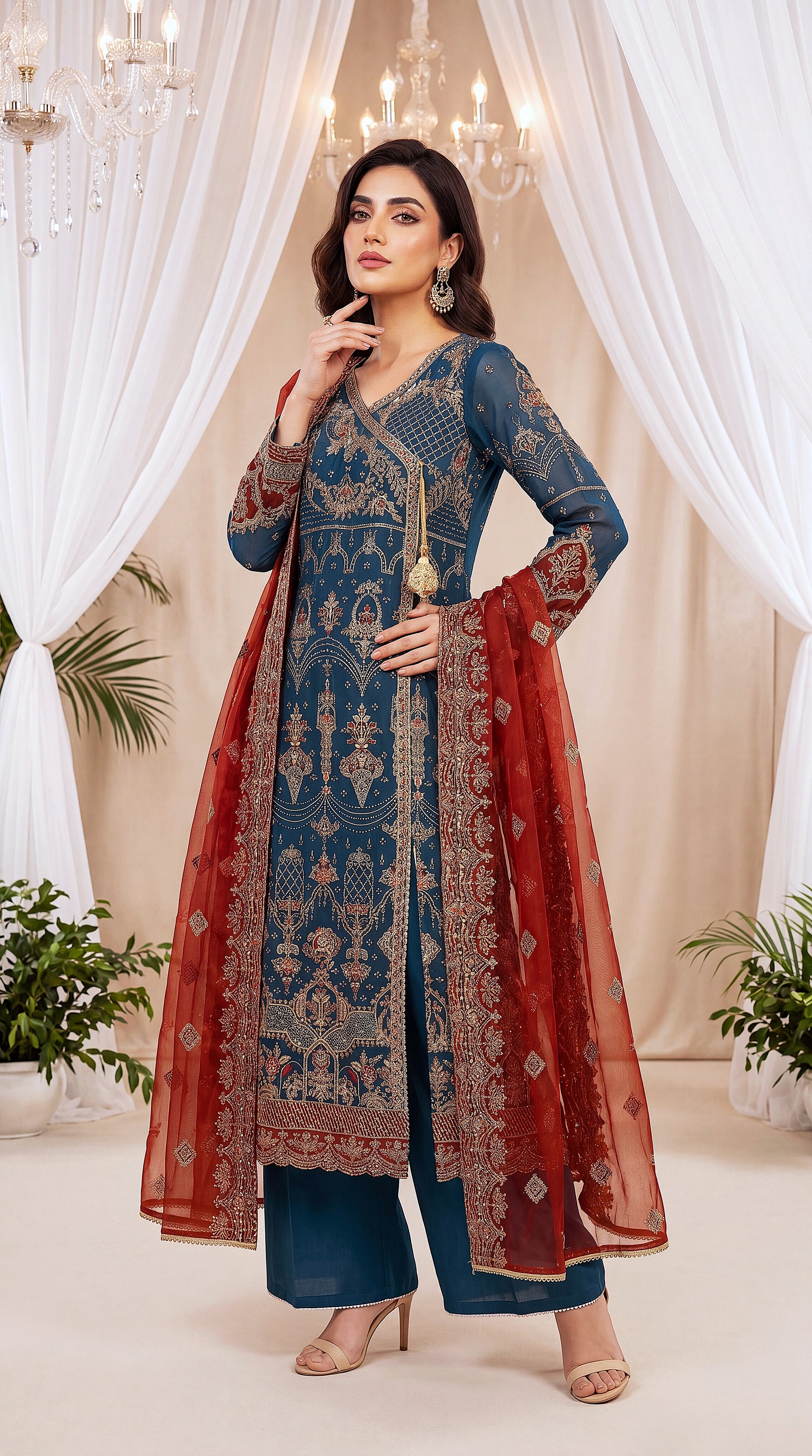 Luxury  PL01129 Navy Embroidered Angrakha Style 3 Piece Premium Net ZINK / SML