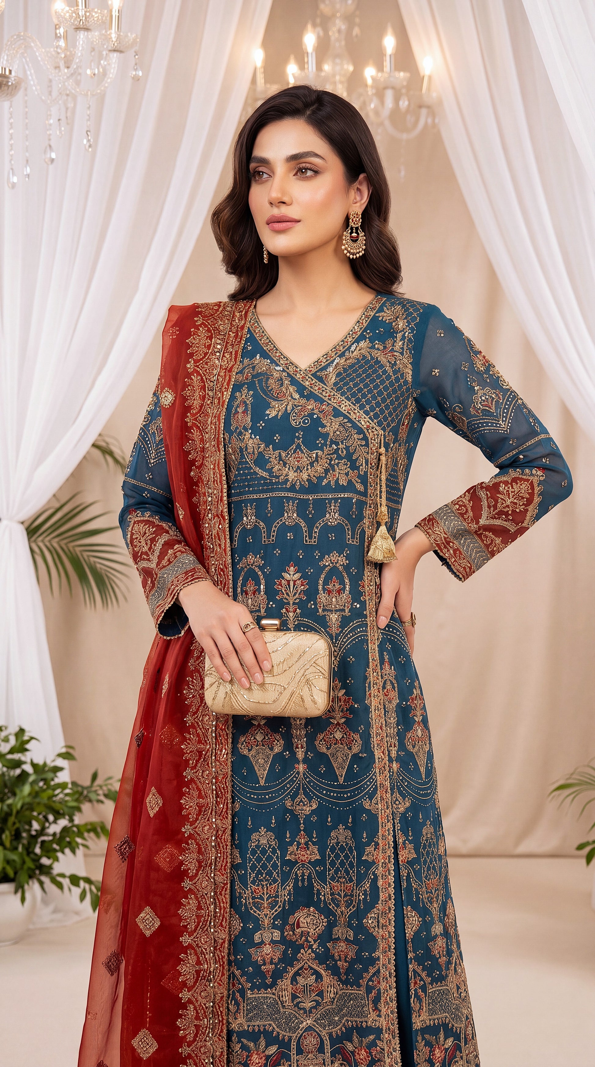 Luxury  PL01129 Navy Embroidered Angrakha Style 3 Piece Premium Net ZINK / SML