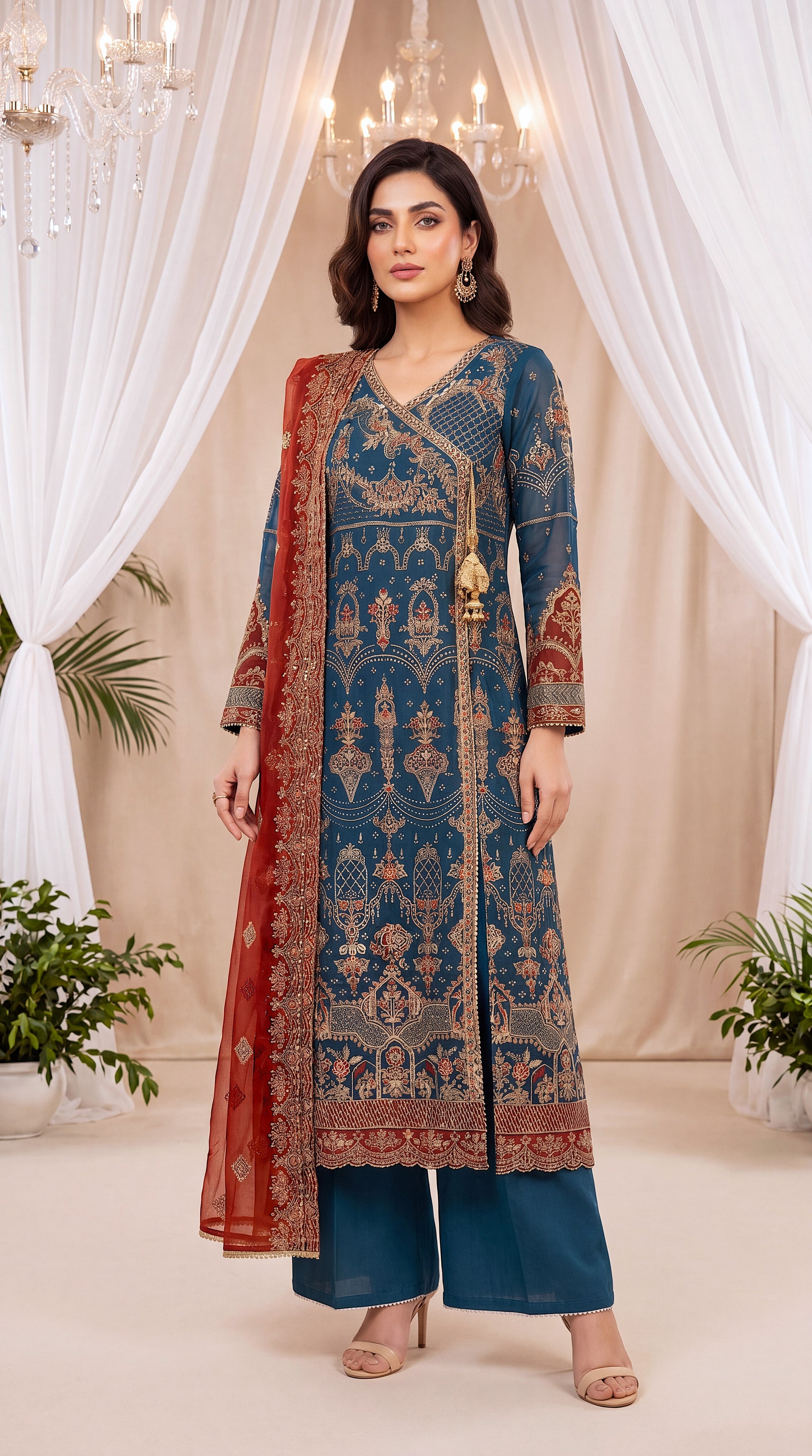 Luxury  PL01129 Navy Embroidered Angrakha Style 3 Piece Premium Net ZINK / SML