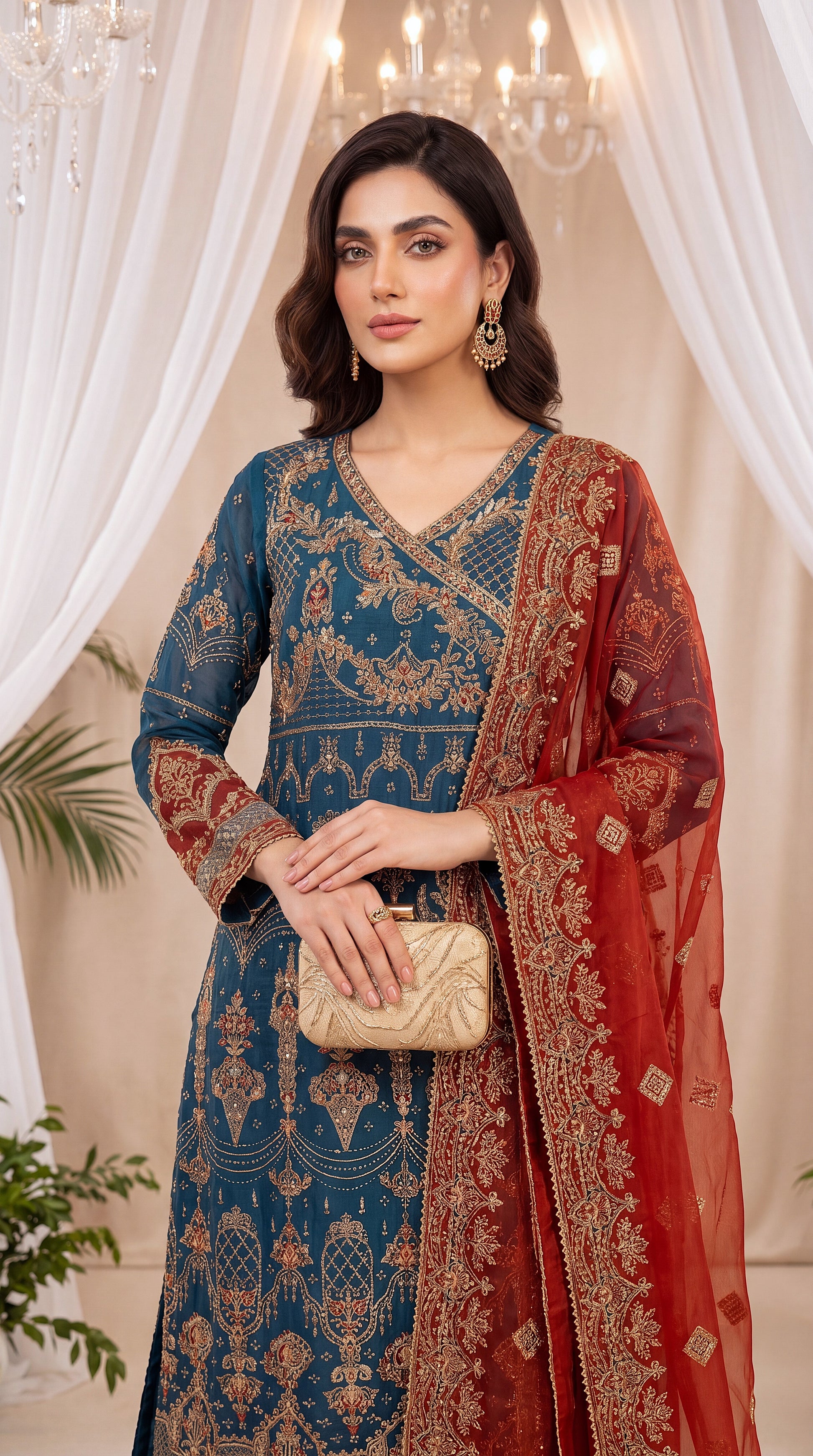 Luxury  PL01129 Navy Embroidered Angrakha Style 3 Piece Premium Net ZINK / SML