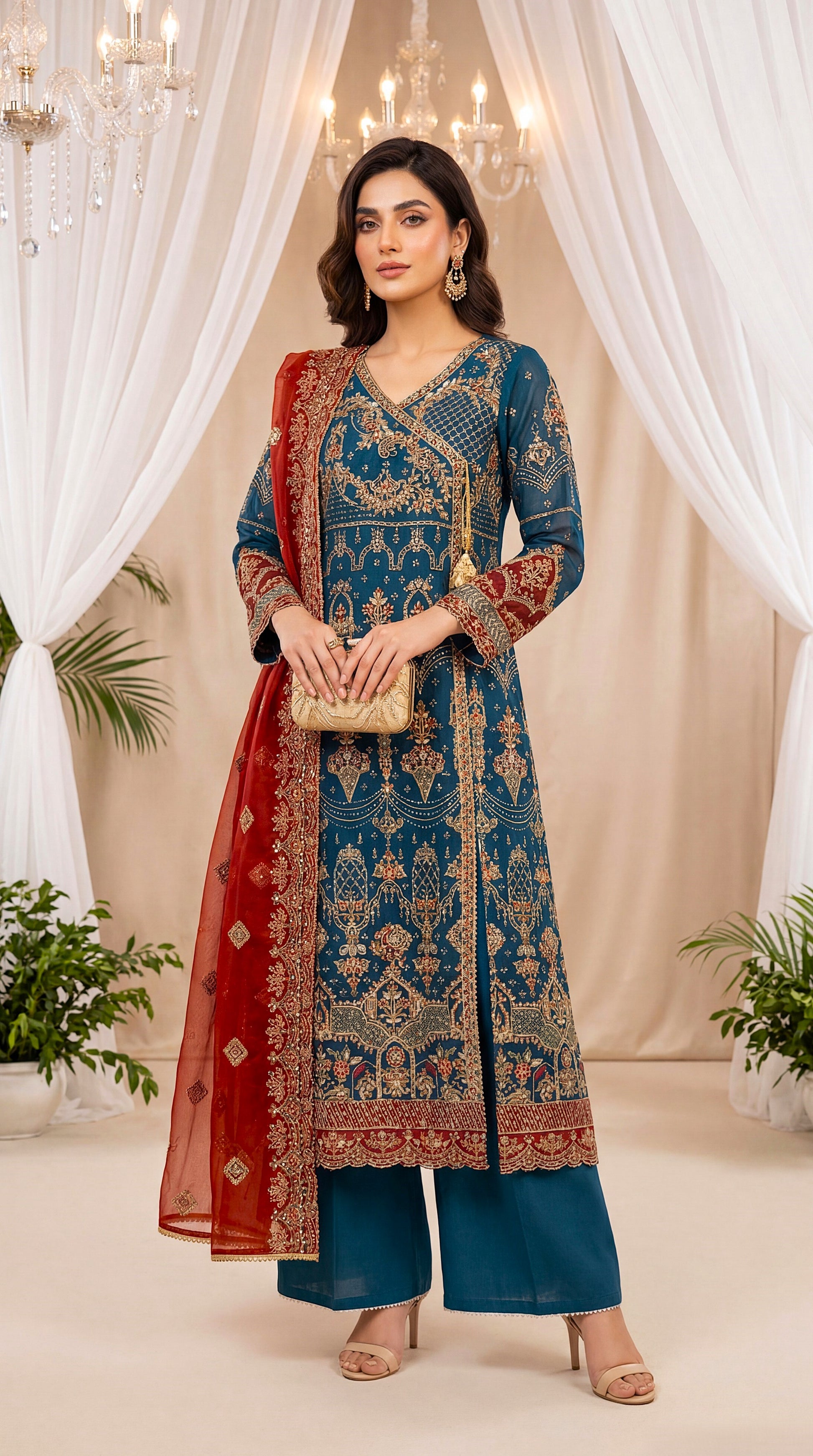 Luxury  PL01129 Navy Embroidered Angrakha Style 3 Piece Premium Net ZINK / SML