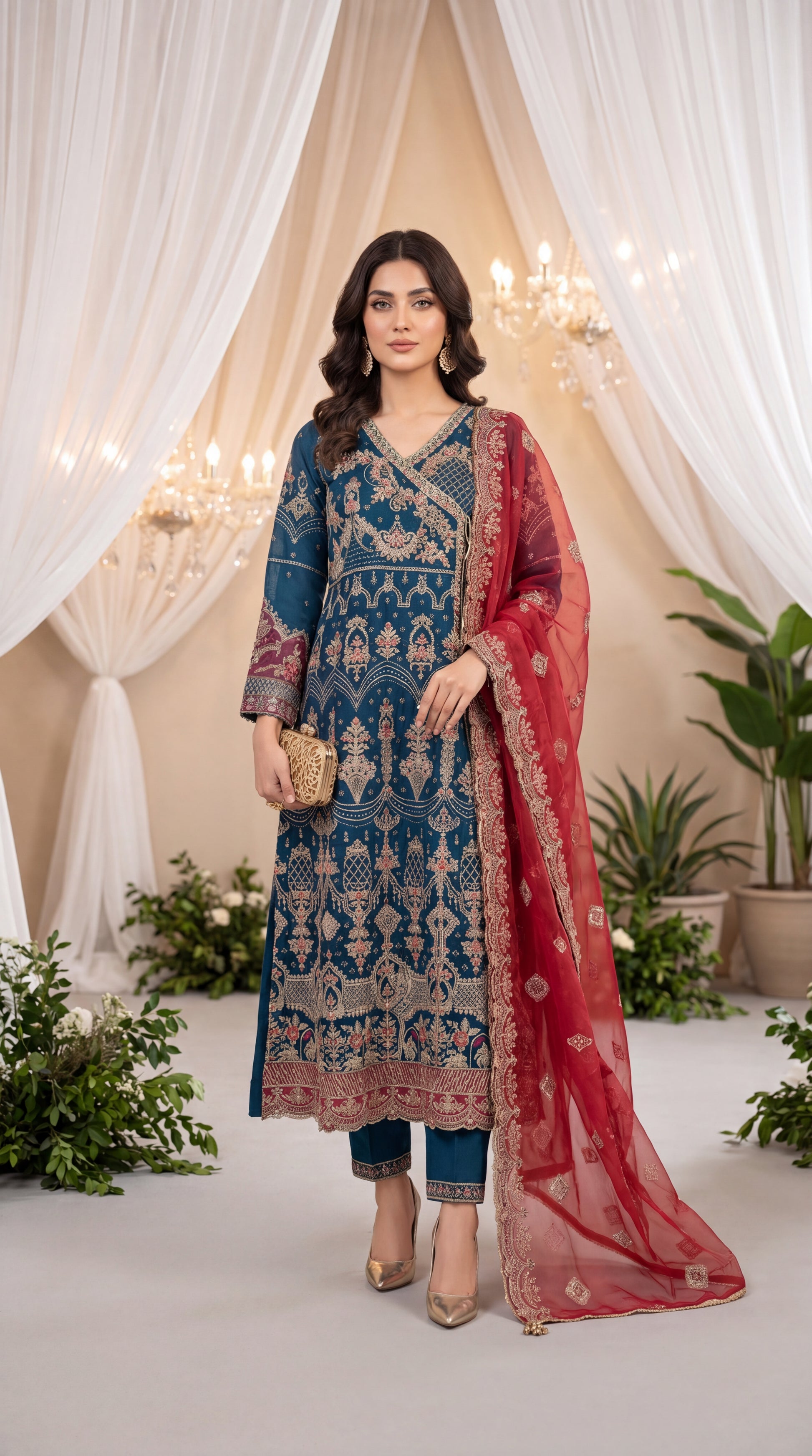 Luxury  PL01129 Navy Embroidered Angrakha Style 3 Piece Premium Net ZINK / SML