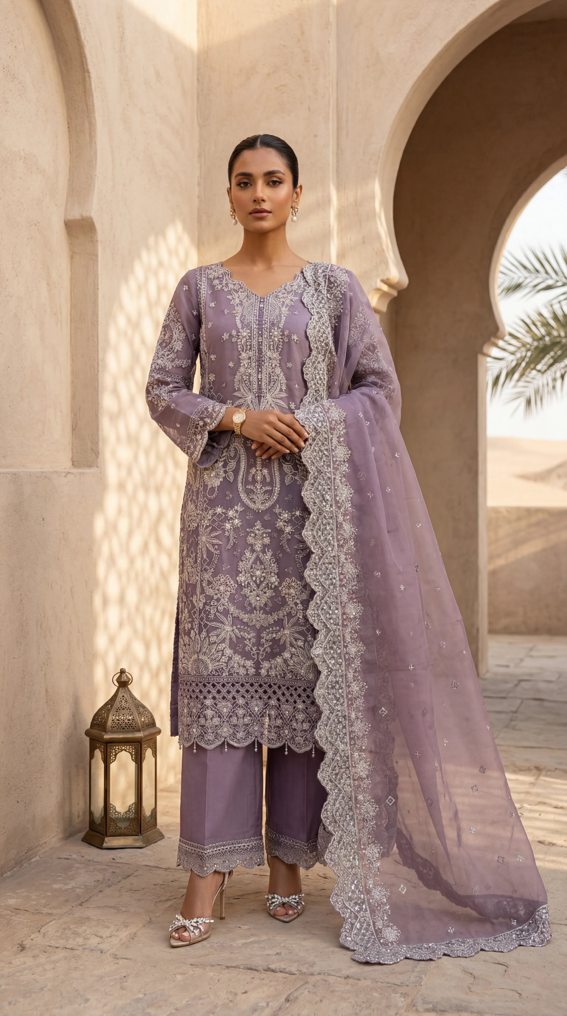 Organza Embroidered Suit PL01132 Luxury Embroidery 3 Pc PURPLE / SML