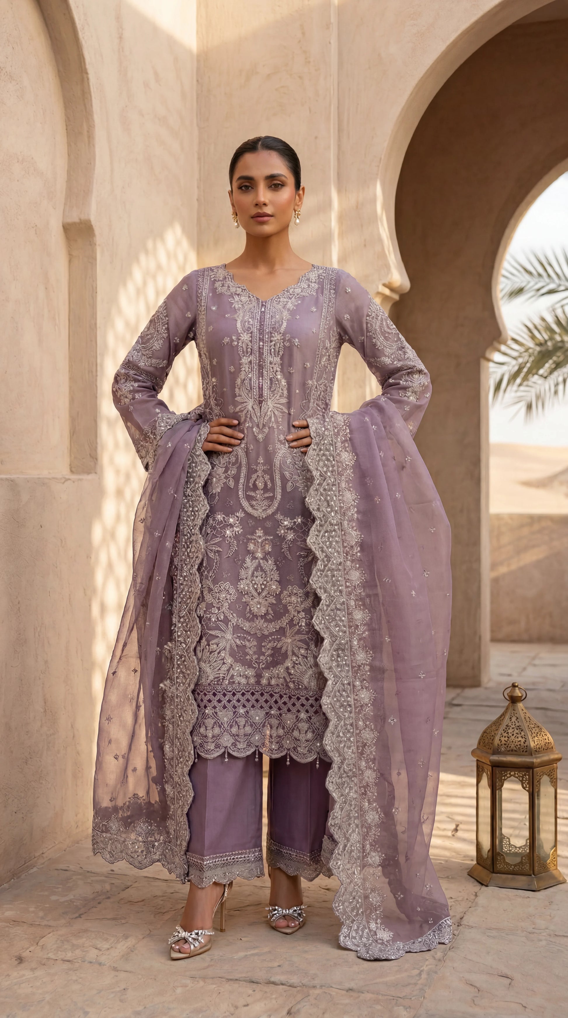 Organza Embroidered Suit PL01132 Luxury Embroidery 3 Pc PURPLE / SML