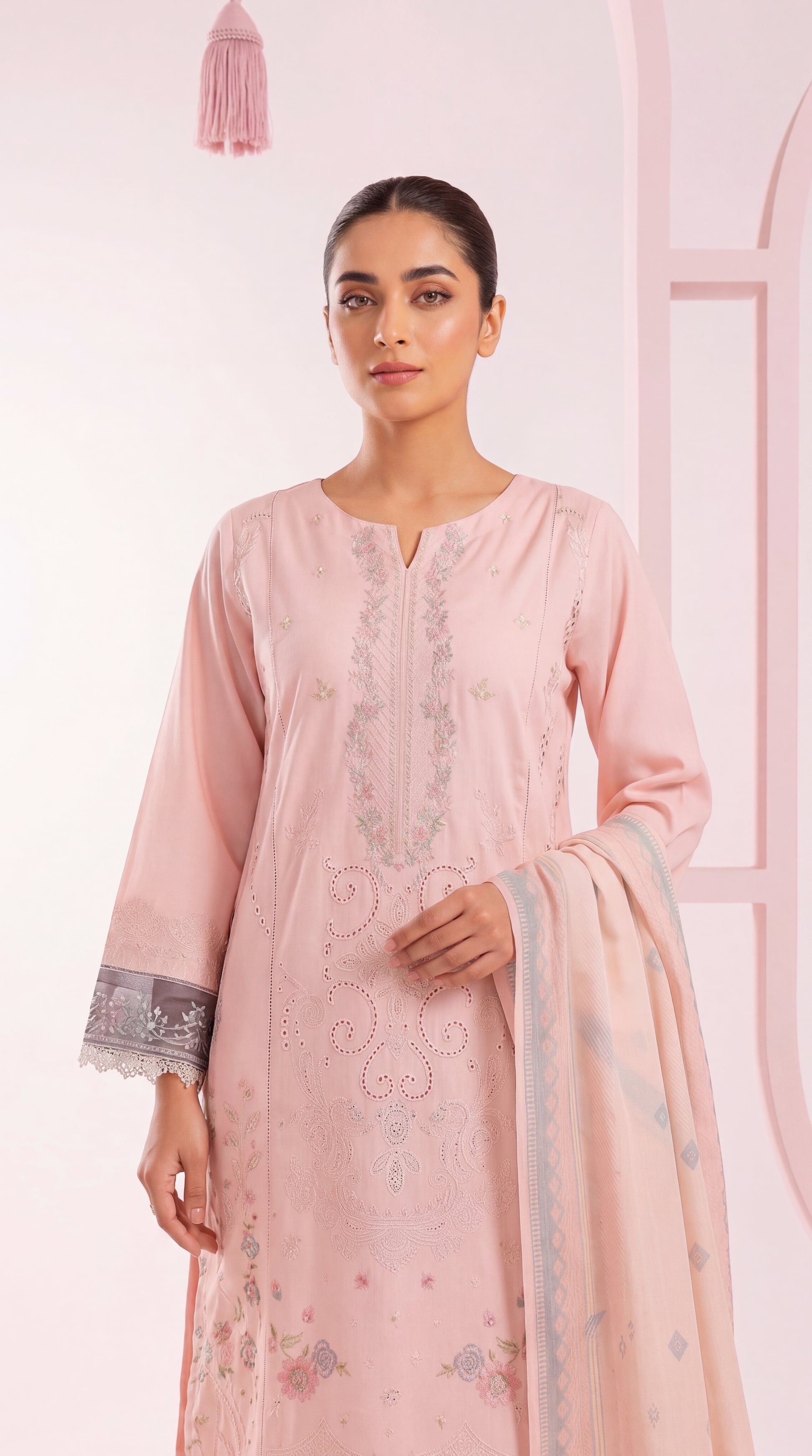 3PC Suit PL01133 Pastel Embroidered Straight Cut BABY PINK / SML