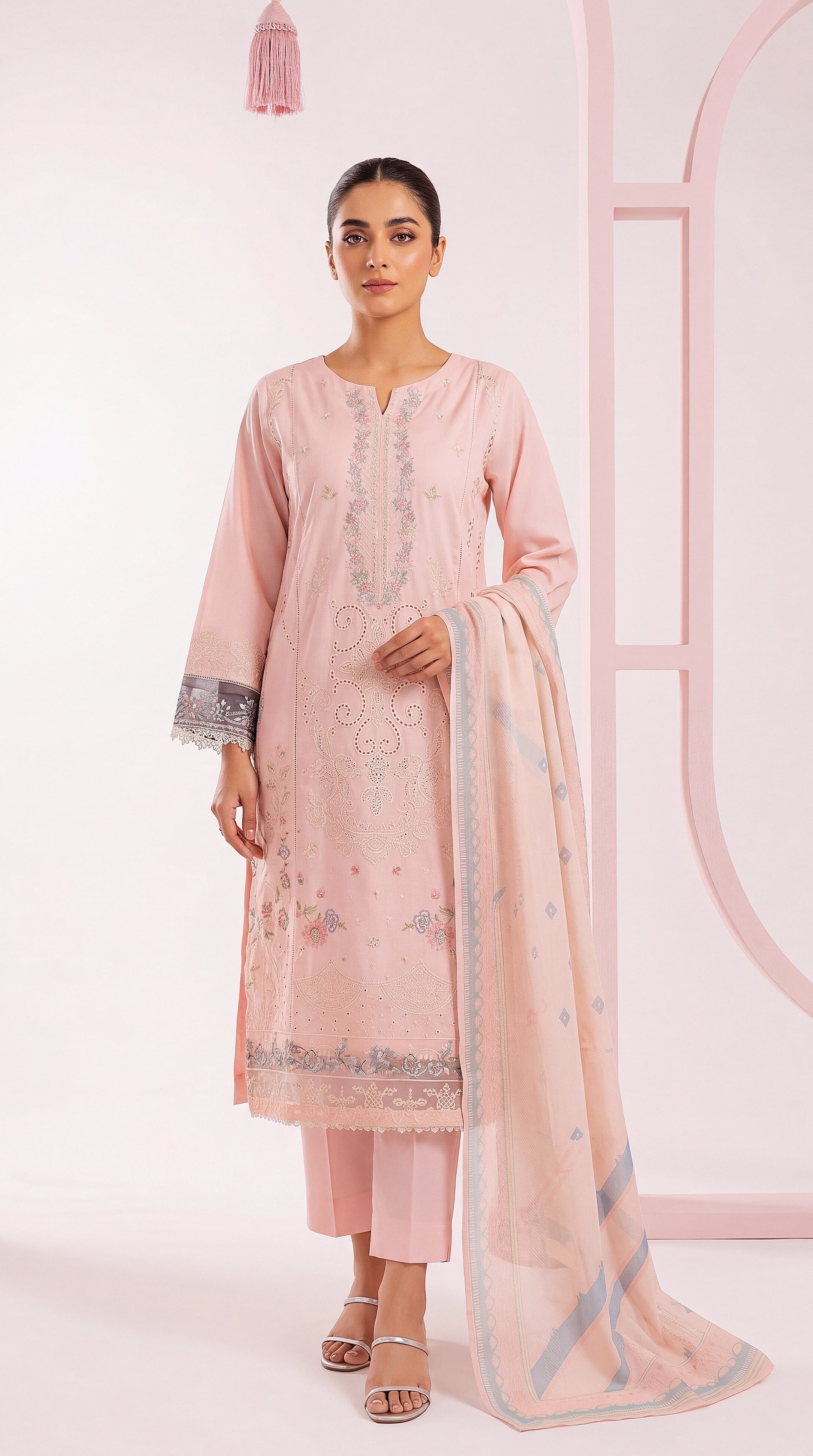 3PC Suit PL01133 Pastel Embroidered Straight Cut BABY PINK / SML