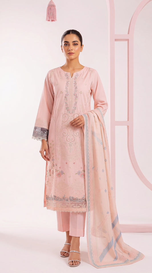 3PC Suit PL01133 Pastel Embroidered Straight Cut BABY PINK / SML