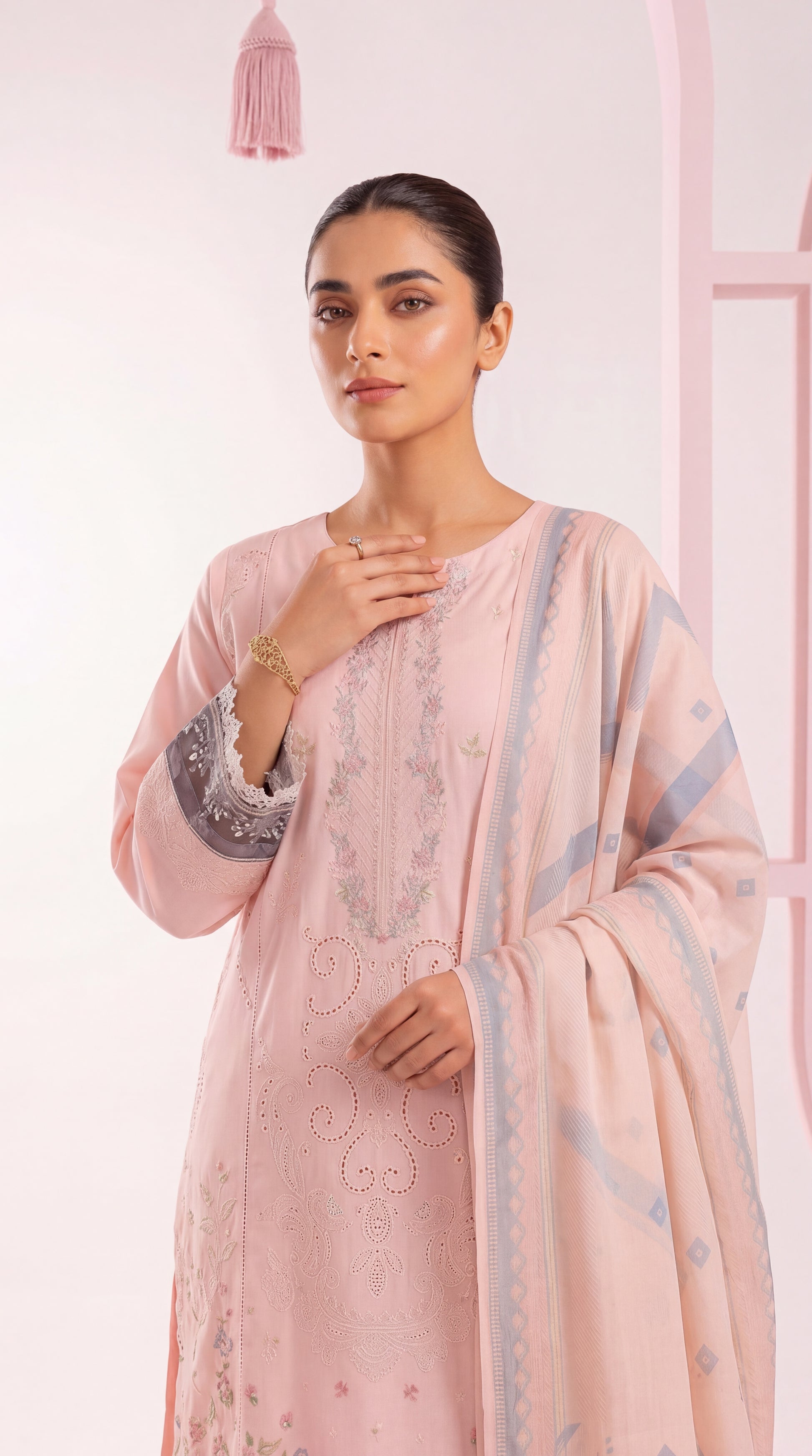 3PC Suit PL01133 Pastel Embroidered Straight Cut BABY PINK / SML