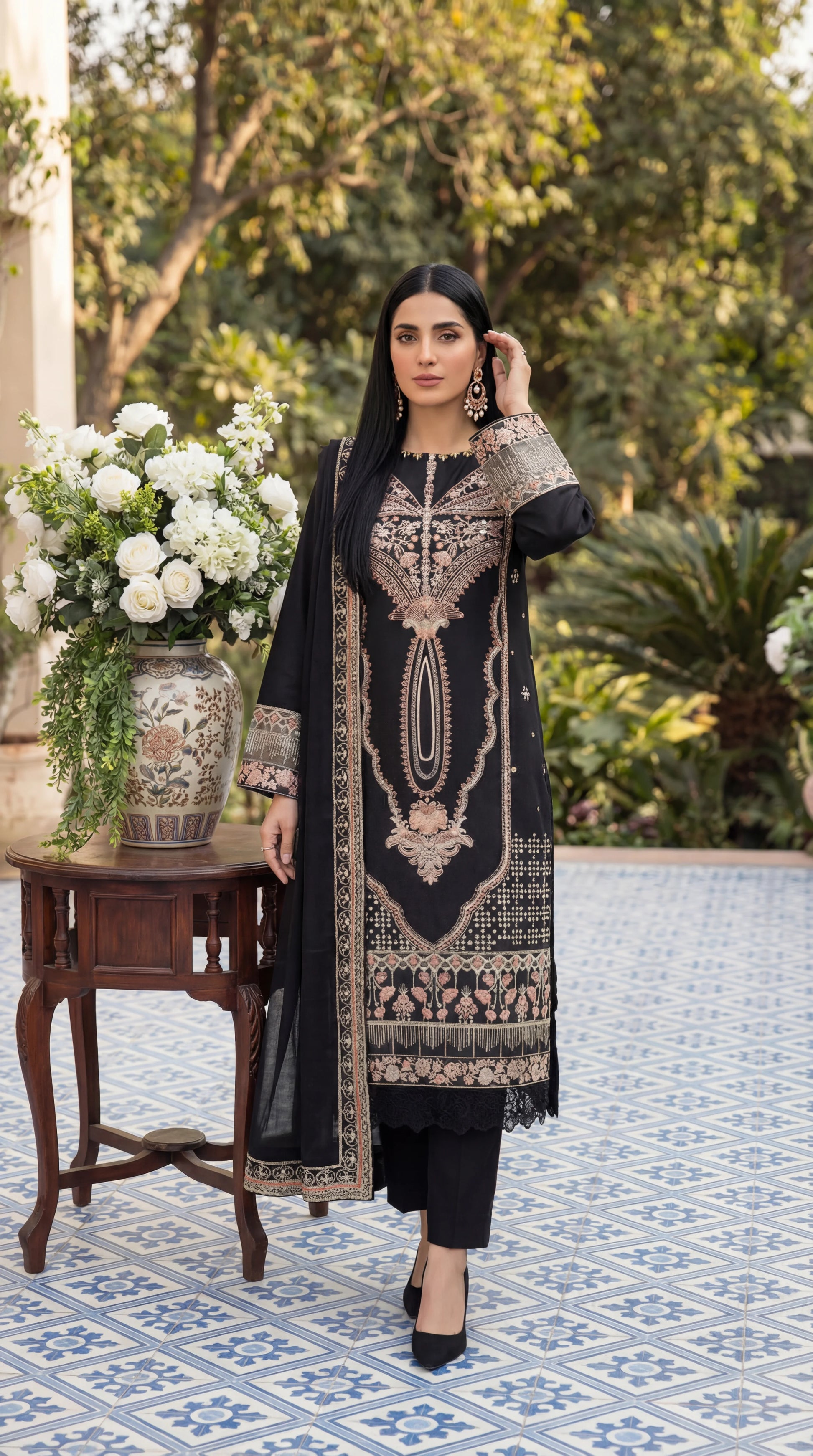 Cotton Embroidered Suit PL01134 Luxury Embroidery 3 Pc BLK / SML