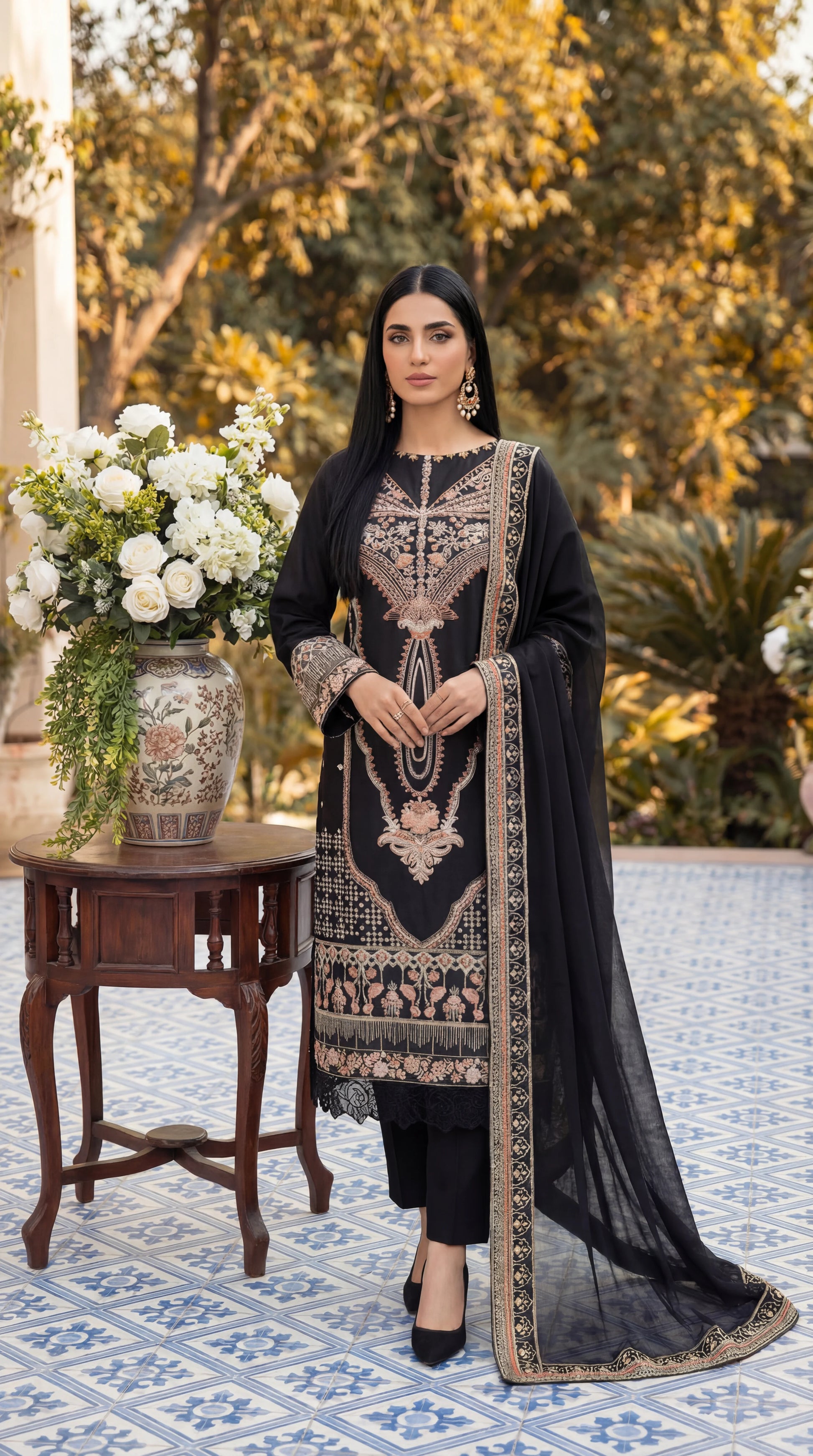 Cotton Embroidered Suit PL01134 Luxury Embroidery 3 Pc BLK / SML