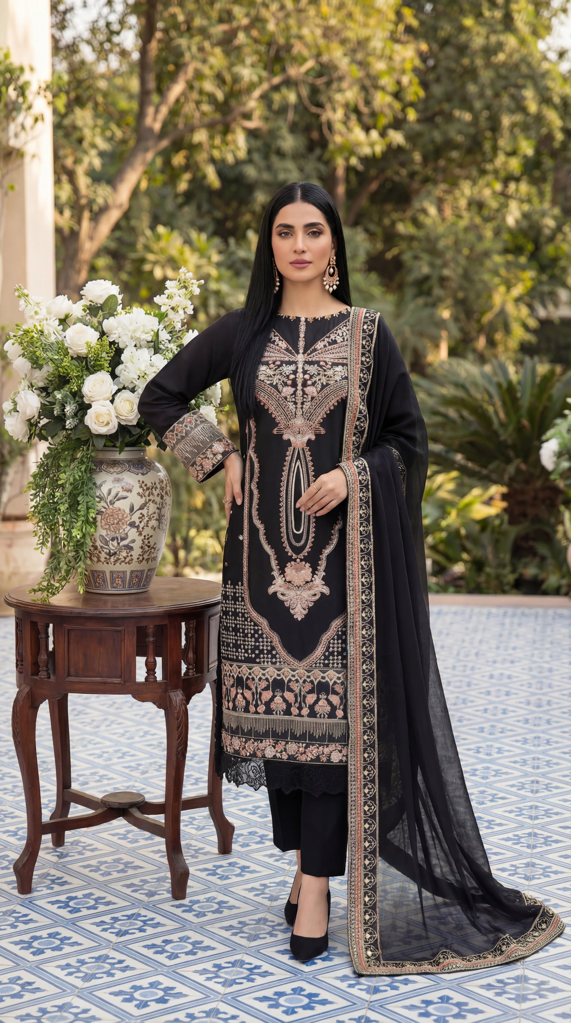 Cotton Embroidered Suit PL01134 Luxury Embroidery 3 Pc BLK / SML