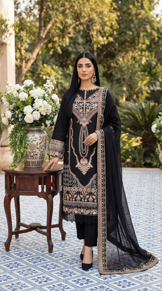 Cotton Embroidered Suit PL01134 Luxury Embroidery 3 Pc BLK / SML