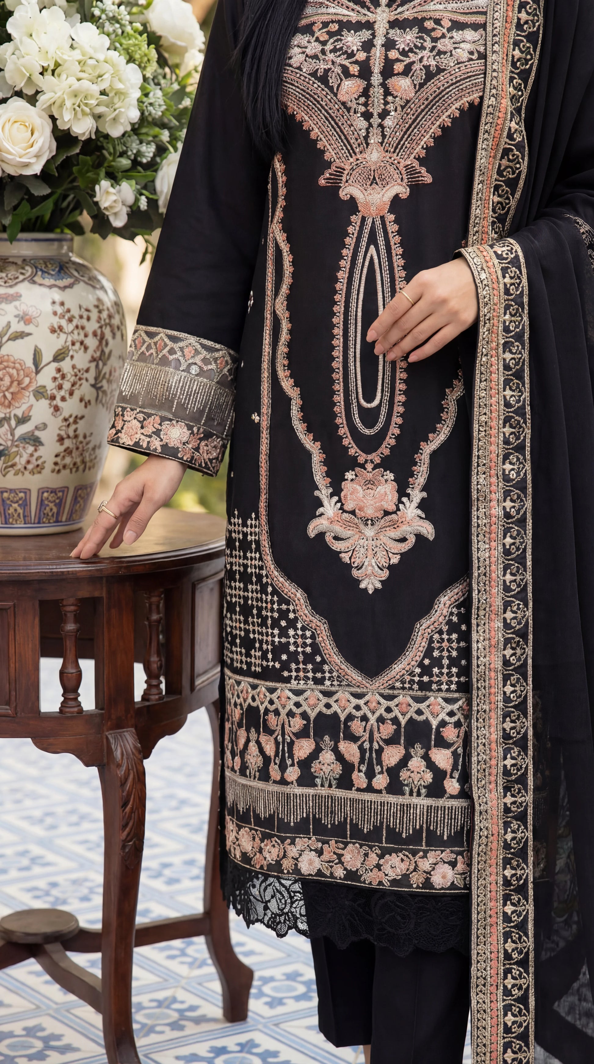 Cotton Embroidered Suit PL01134 Luxury Embroidery 3 Pc BLK / SML