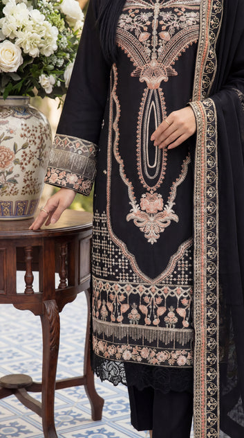 Cotton Embroidered Suit PL01134 Luxury Embroidery 3 Pc BLK / SML