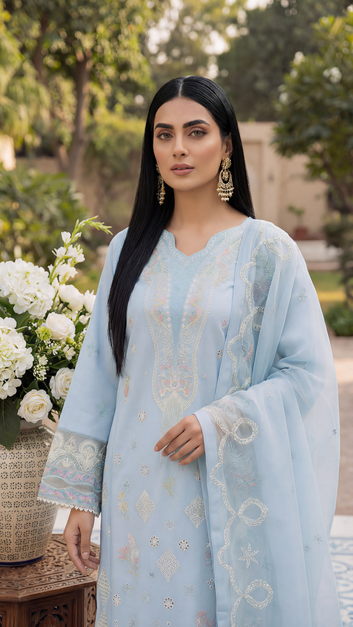 Ladies Organza Embroidered Suit PL01135 Delicate Embroidery 3 Pc